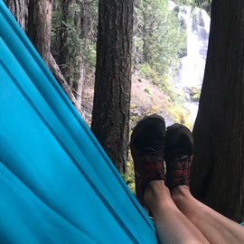 Watching Falls Creek Falls from my hammock in my Vivobarefoot hikers