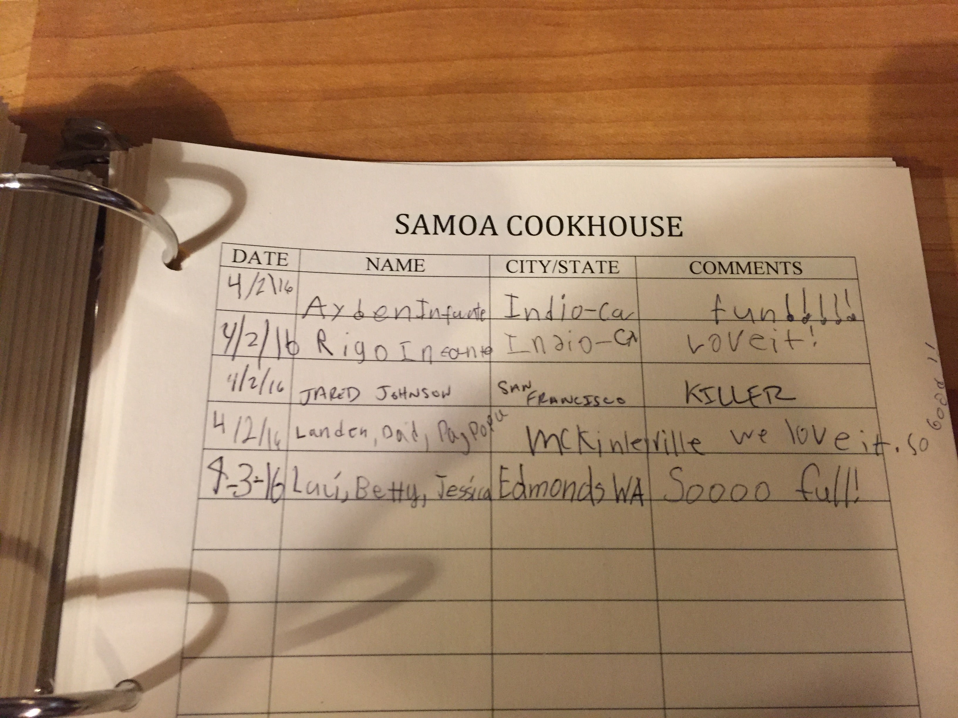 Samoa Cookhouse guest book. 