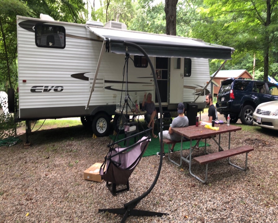 An RV sits in a spot at Water's Edge Family Campground, Connecticut 