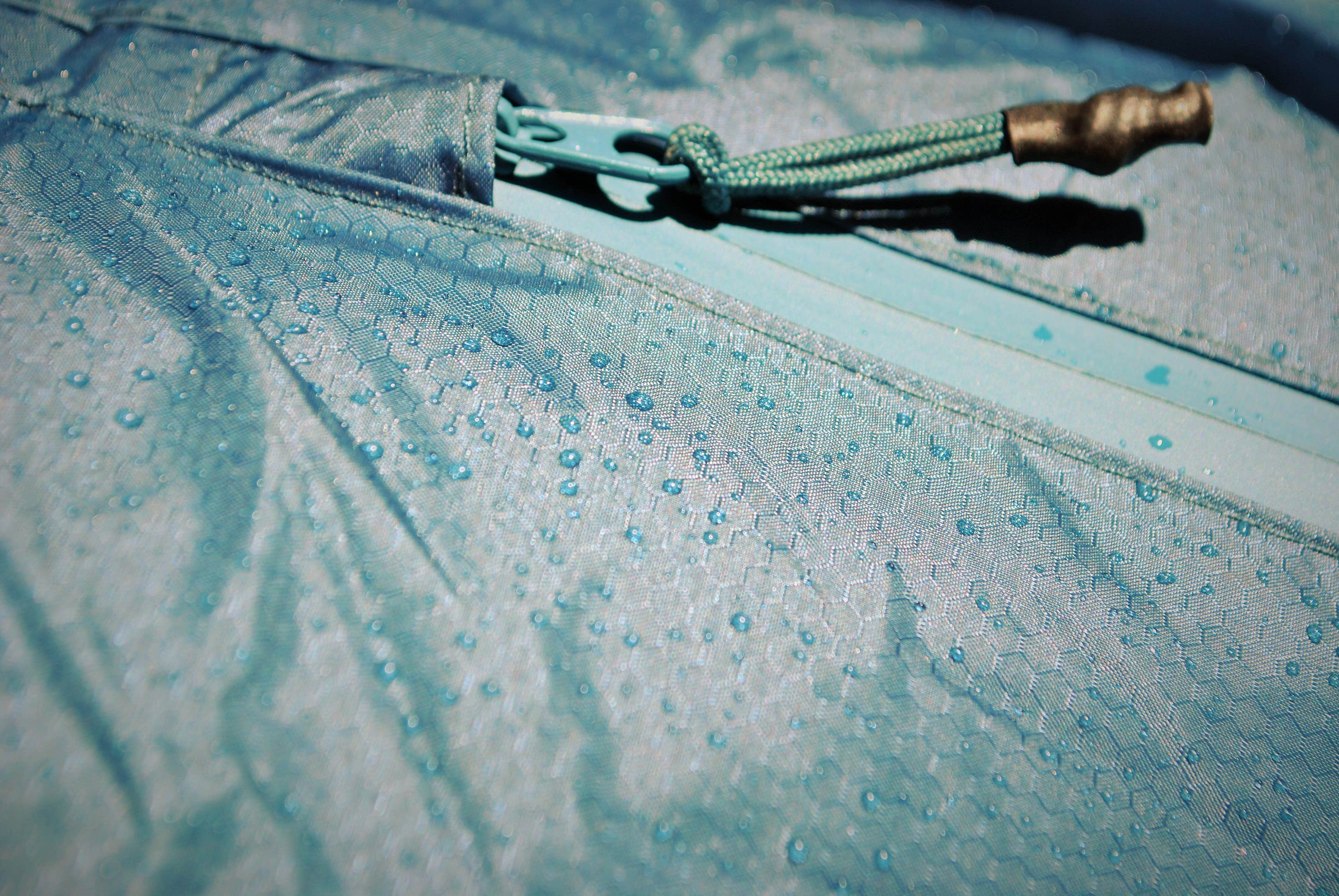 Showing the beading of the waterproof material - good in misty waterfall conditions (this seam for the access pocket didn't hold up in more extreme situations)
