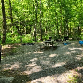 Stream is beyond the picnic table, neighbor is to right, behind and above tent