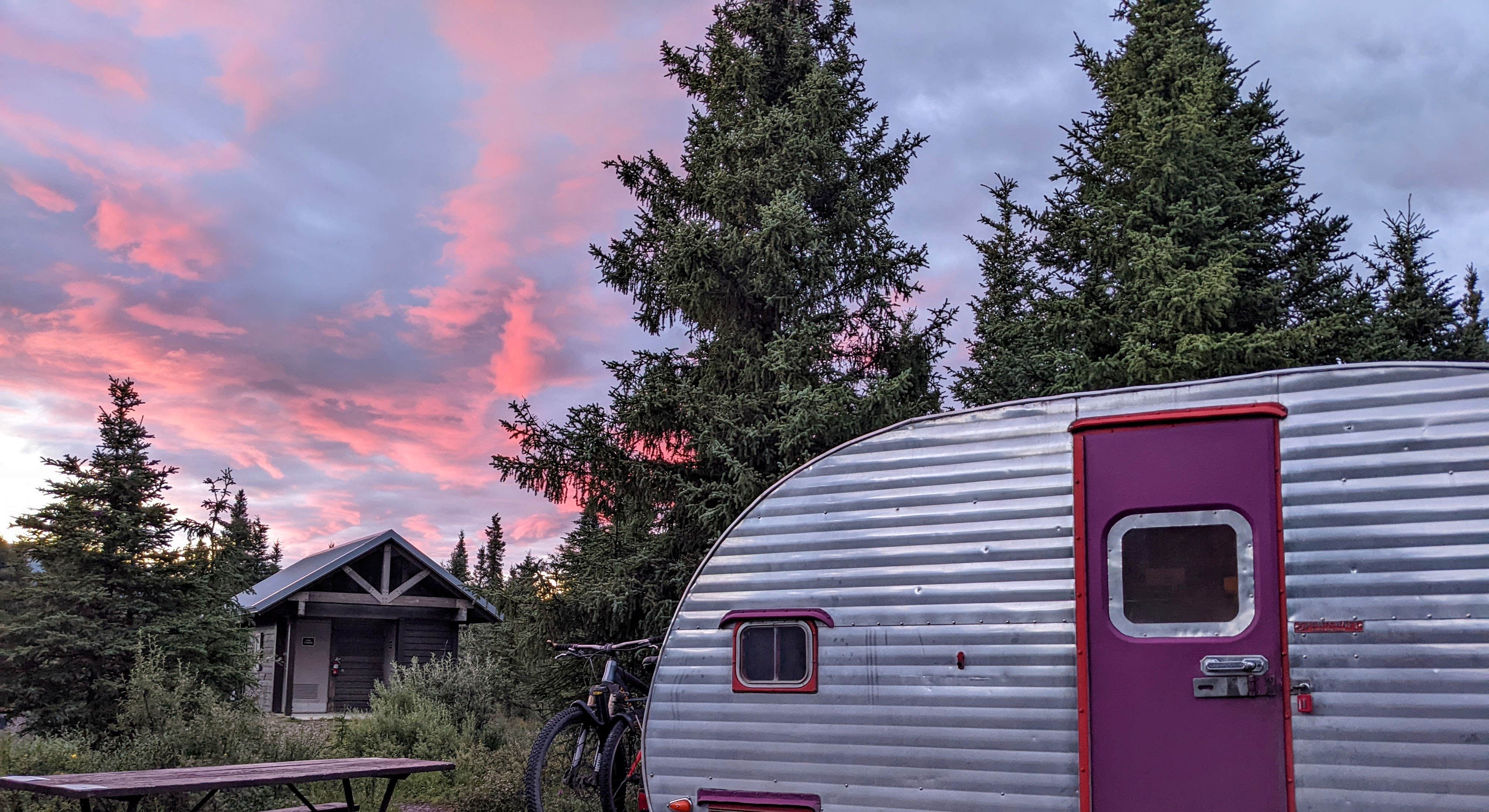 Teardrop Camper Camping Spot at Teklanika River Campground in Denali National Park