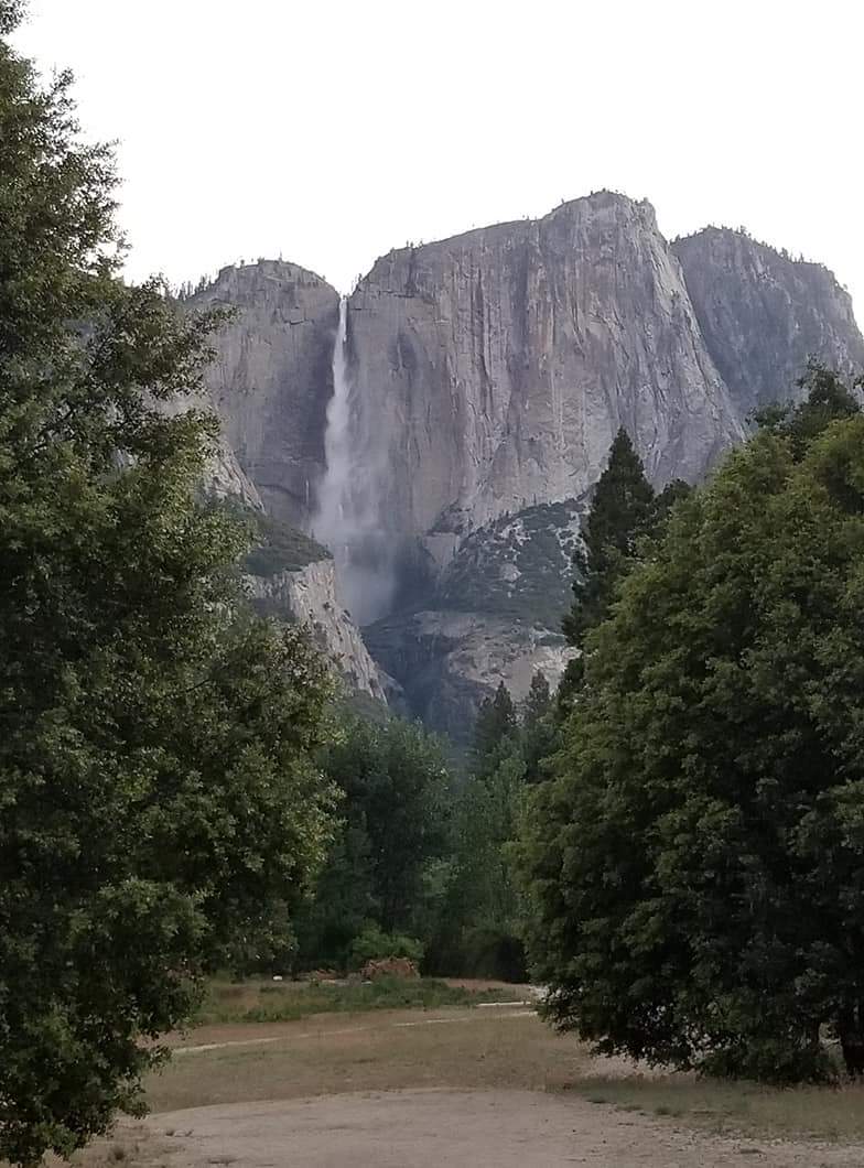 Yosemite Falls from Camp 4 Parking lot.  Bothe Upper Falls and Lower Falls trailheads can be access from here but you have to camp to get a parking permit for this lot.