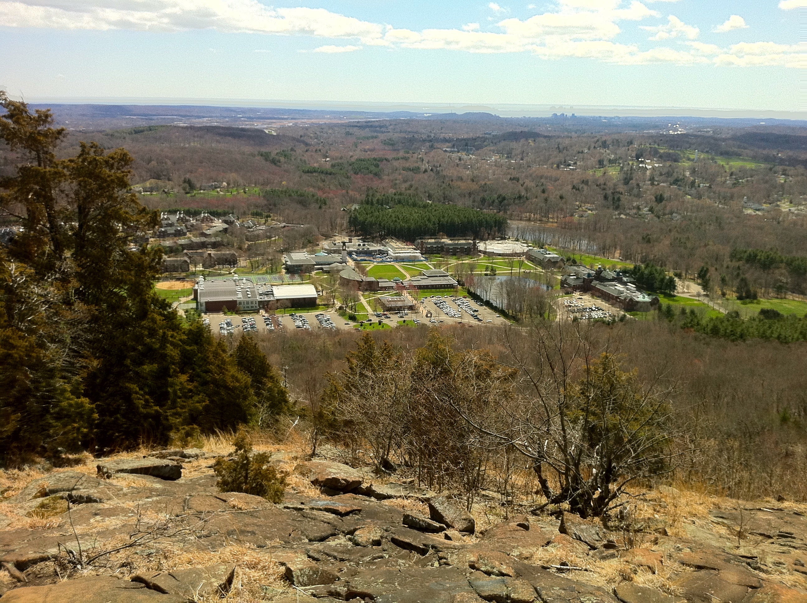 View of Quinnipiac University's main campus from Connecticut's Sleeping Giant's Green Trail terminus junction with the White Trail overlook.