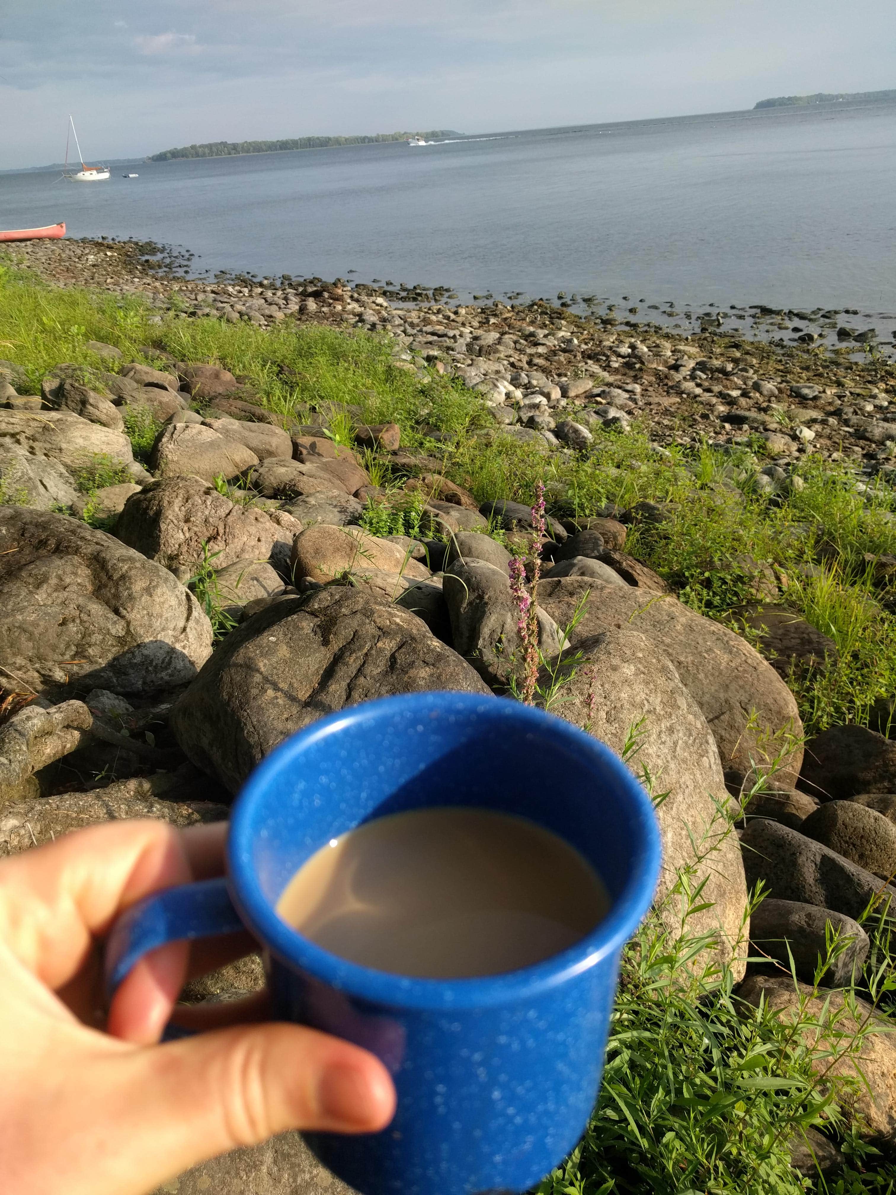 Enjoying fresh Sumatran coffee on the shores of Burton Island. Pretty great.