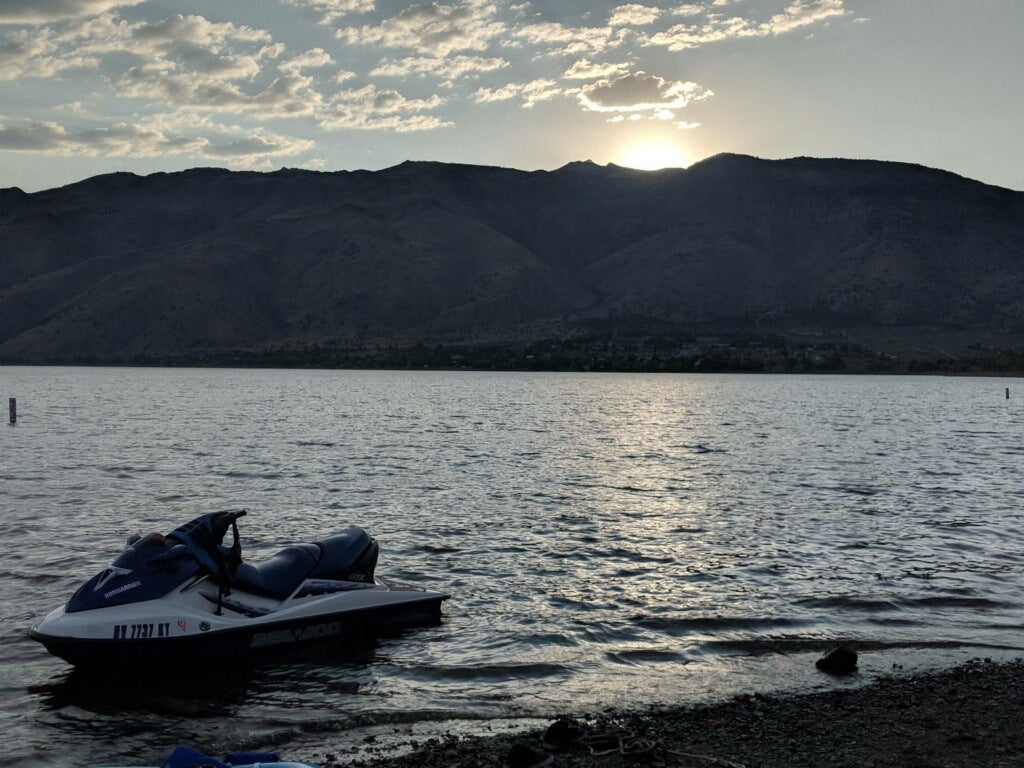 Down at the lakes edge after a day of playing and riding the jet ski