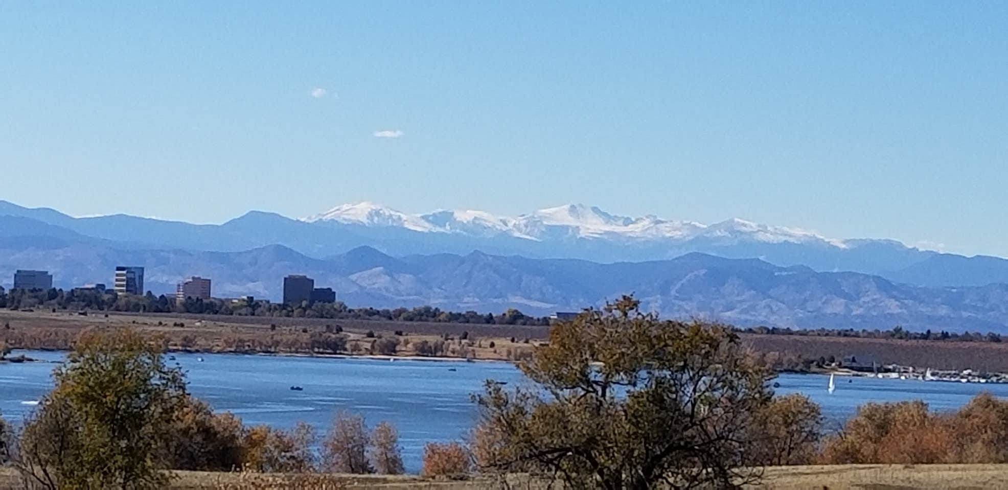 Picturesque view of the Rocky Mountains and Denver from Cherry Creek State Park