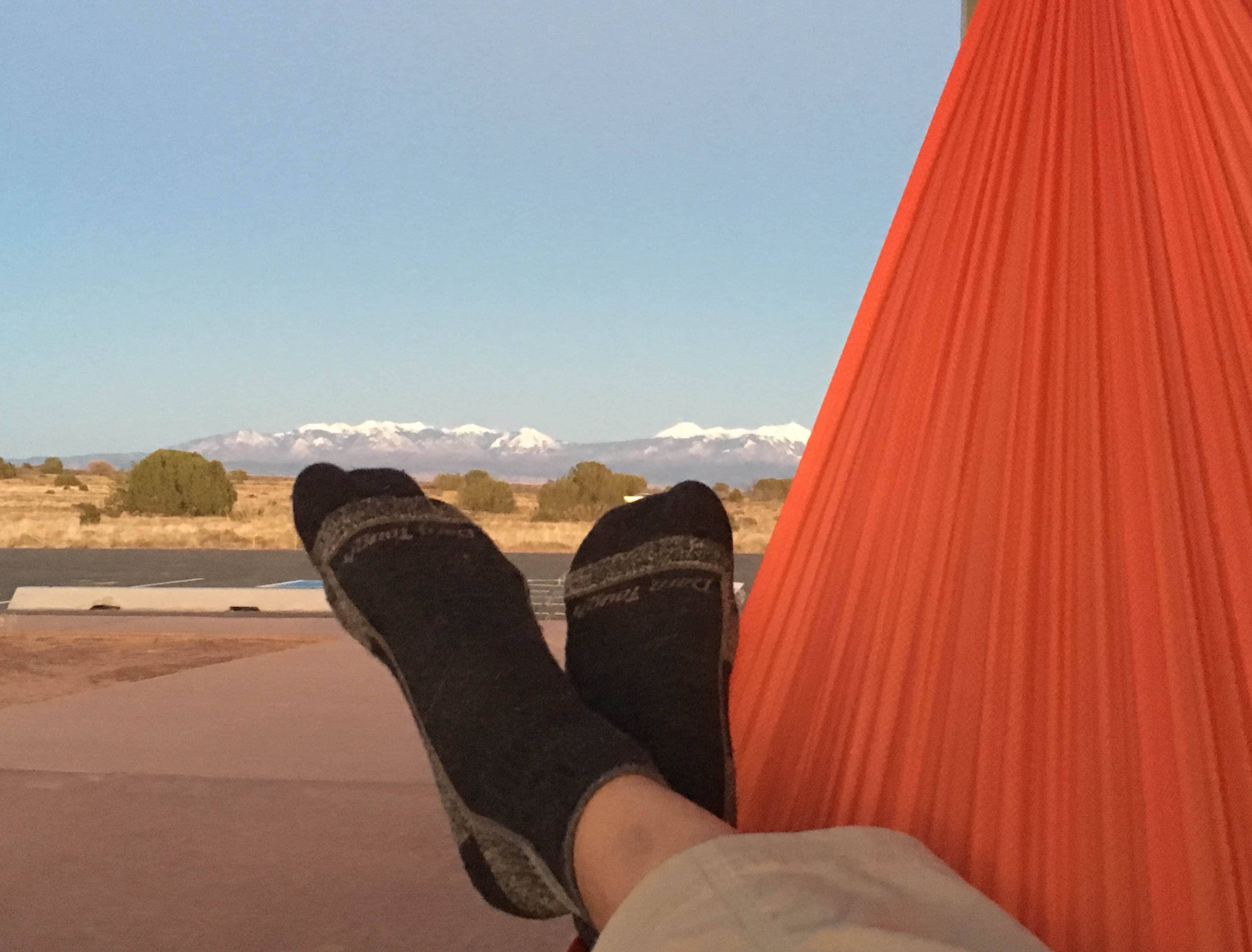 Relaxing in my hammock with a view of the La Sal Mountains