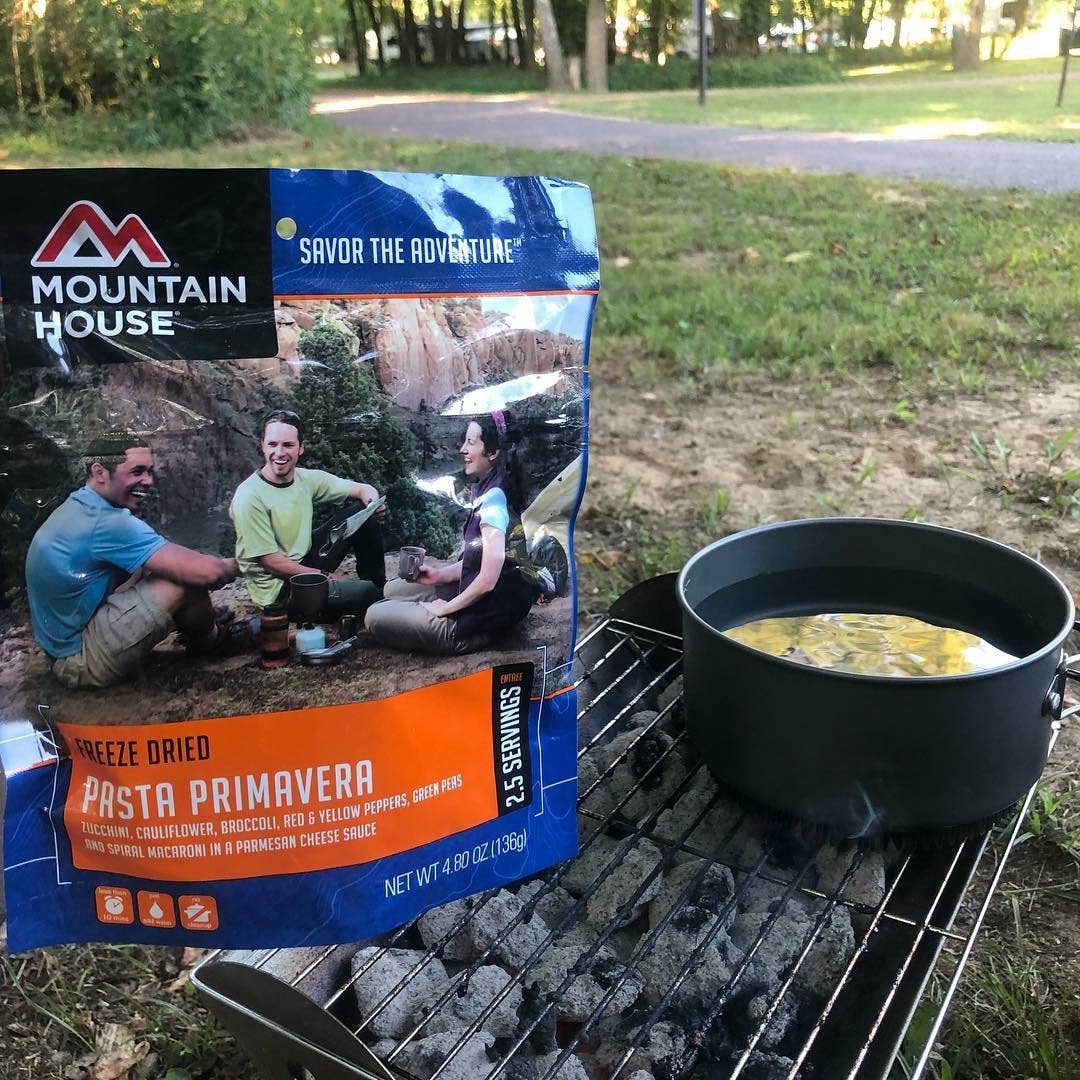 Mountainhouse for lunch, quick and convenient plus good flavor and texture.