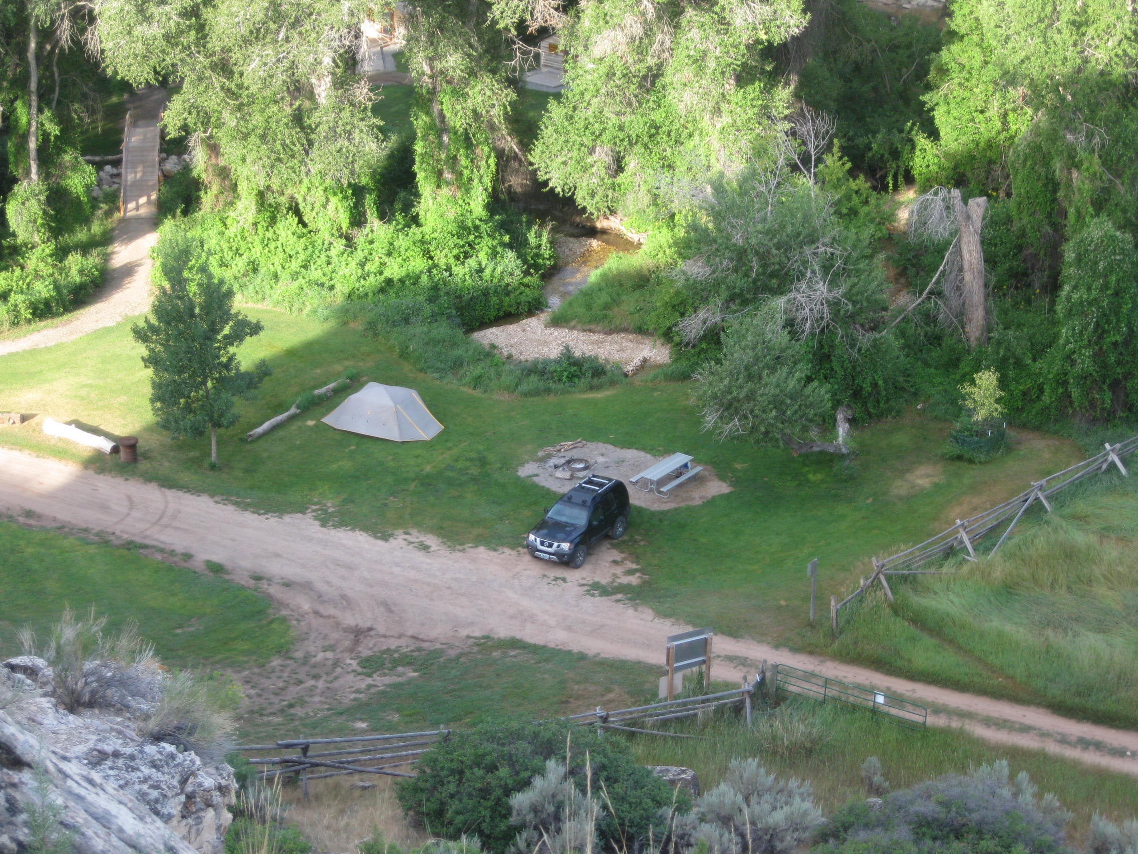 Eagle eye view of northern-most campsite in park taken July 2014. Road going to the right is where you can gather firewood.