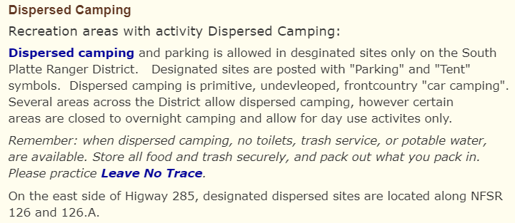 Dispersed camping rules for Kenosha Pass from the Forest Service website. Here is where is states dispersed camping is only allowed on 126 and 126.A