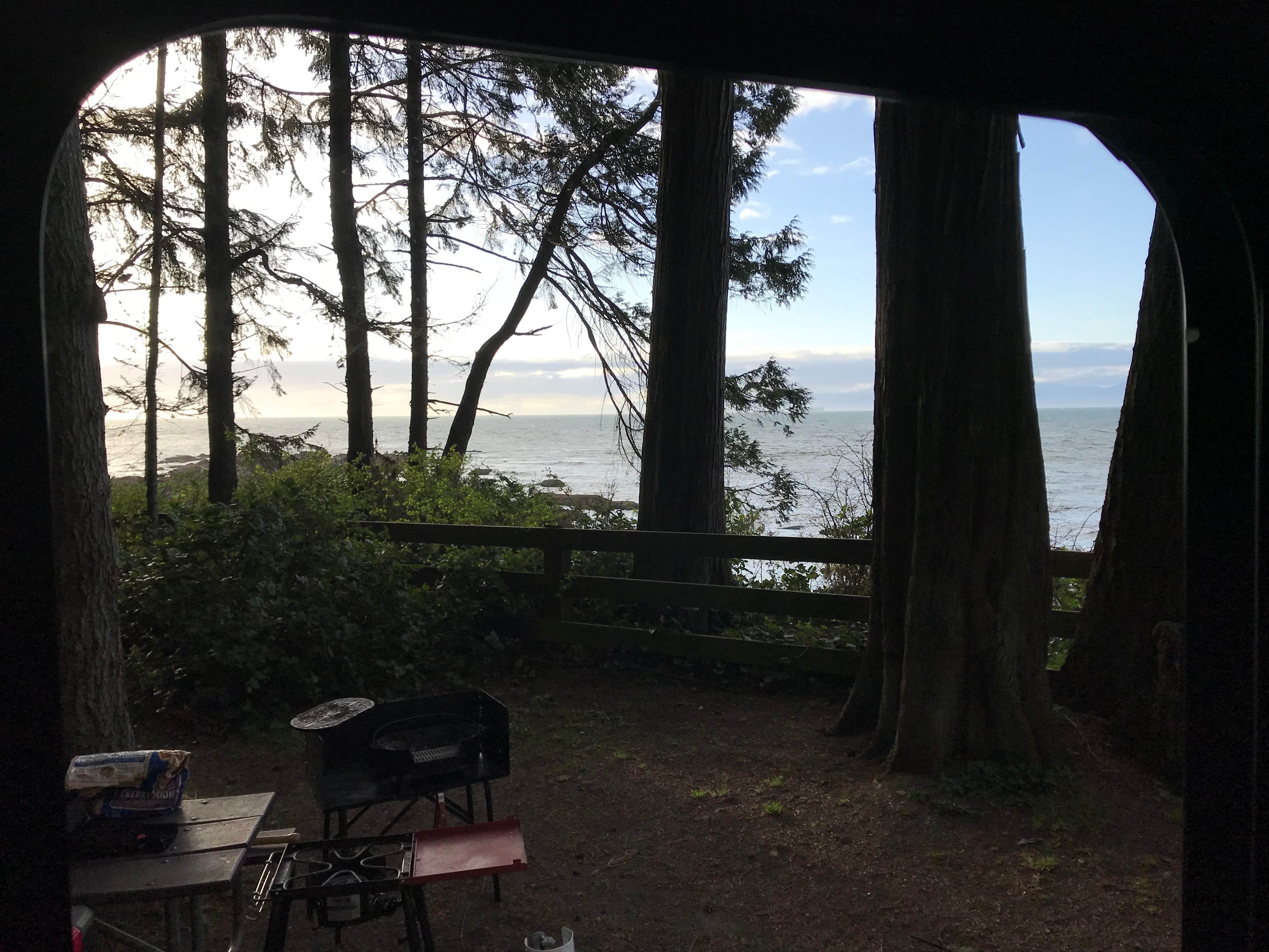 View out the RV door at Site #66. It’s on a bluff right over the water with incredible views.