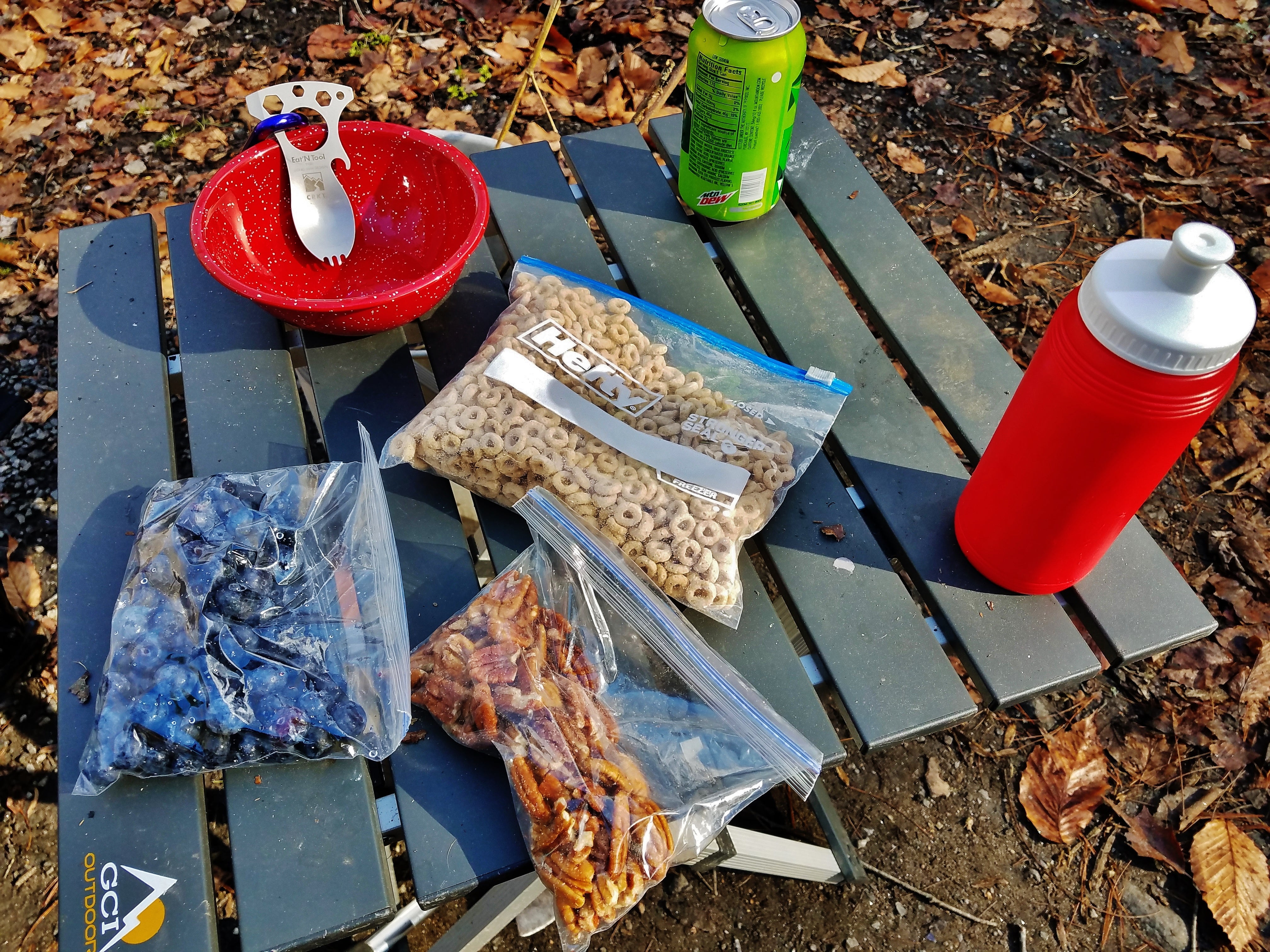 You have to take your own folding table at these campsites since there are no picnic tables.  By the way, this was my breakfast.