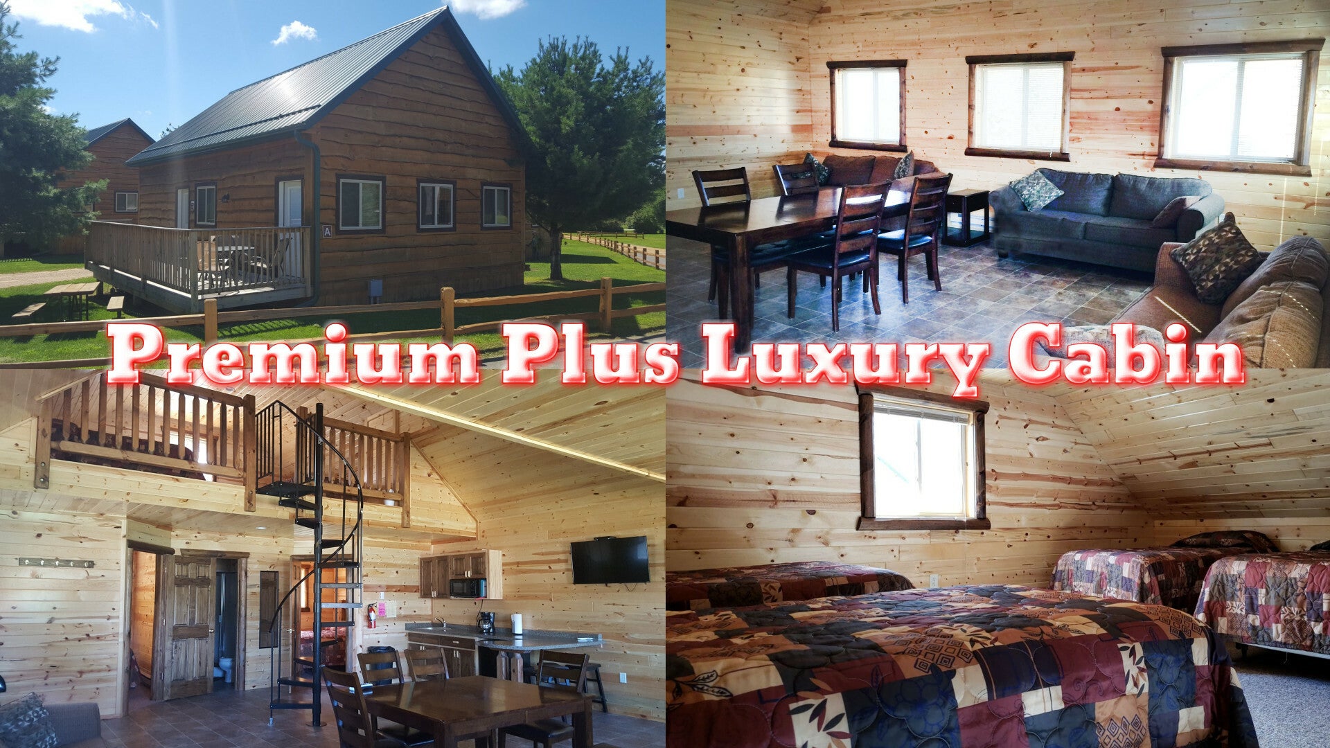 Premium Plus Luxury Cabin- Sleeps 14 people, 2 bedrooms-1 Queen bed in each, ladder loft with 4 twin beds, 3 sofa sleepers, flat screen TV, full bathroom (bring towels) attached deck with table and a few chairs, kitchenette with microwave, mini refrigerator, charcoal grill, picnic table and fire-ring.