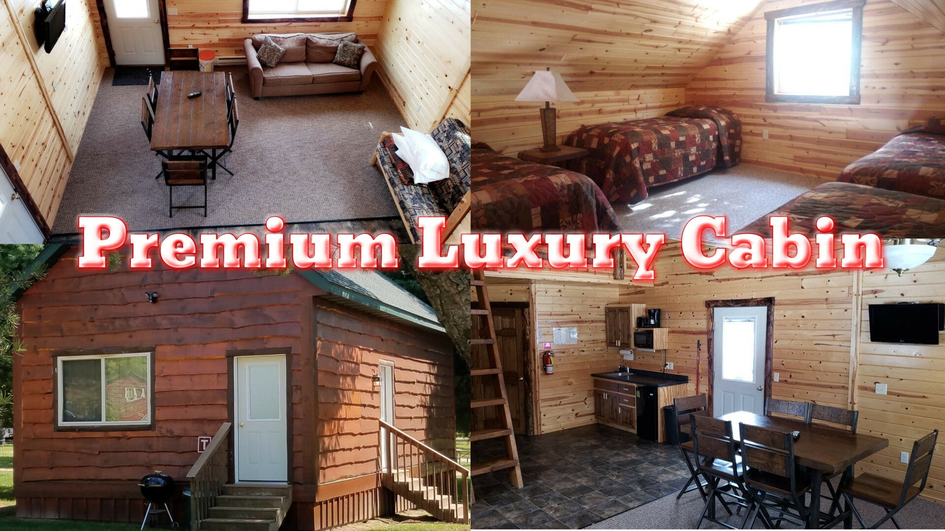 Premium Luxury Cabin- Sleeps 12 people, 2 bedrooms-1 Queen bed in each, ladder loft with 2 queens OR 4 twin beds, 1 log futon & sofa sleeper, flat screen TV, full bathroom (bring towels), kitchenette with microwave, coffee maker, toaster, mini refrigerator, charcoal grill, picnic table and fire-ring.
