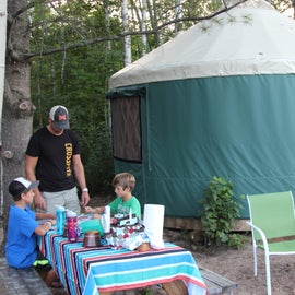 Our Yurt, with fire pit, picnic table, and grill.