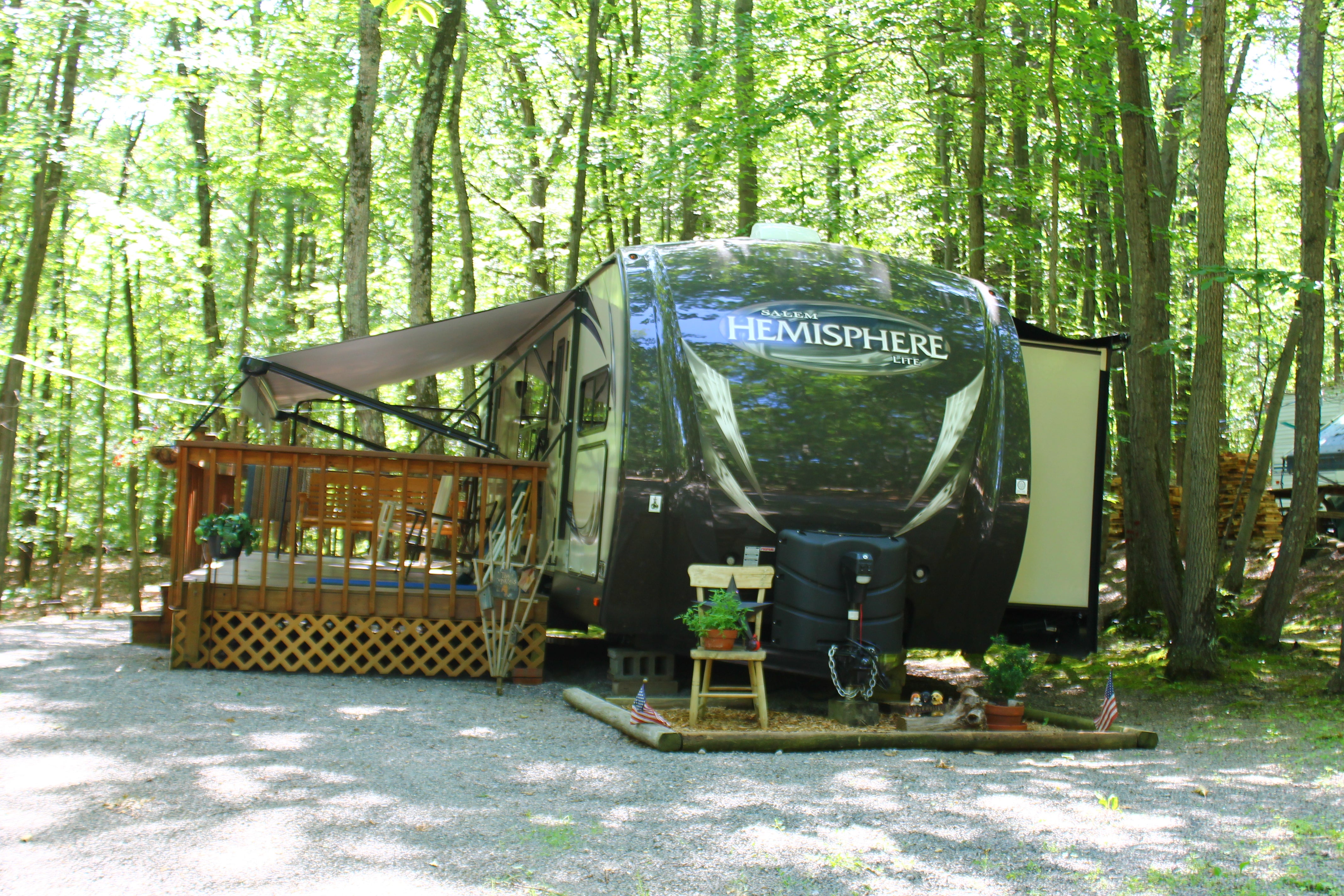 Our campsites are spacious and wooded, for the most part