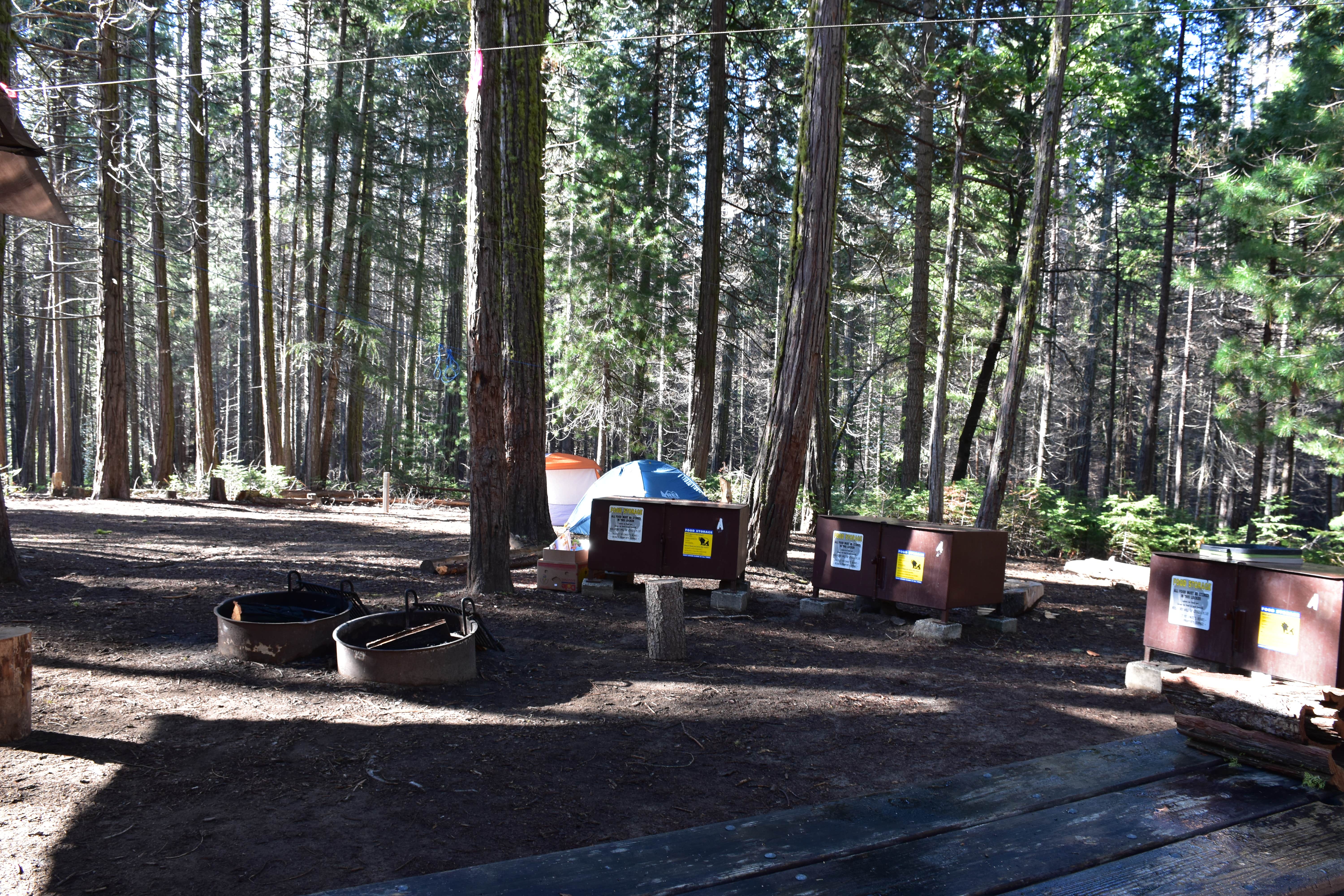 View of the big group camp site. (Use your bear box!) The structure protects a couple of picnic tables, giving some shelter in the group site.  I don't think all of the sites had this.
