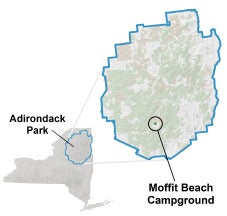 Here is a map to show you where Moffitt Beach is located in conjunction with the Adirondack Park. There is a lot of great hiking located in the area. 