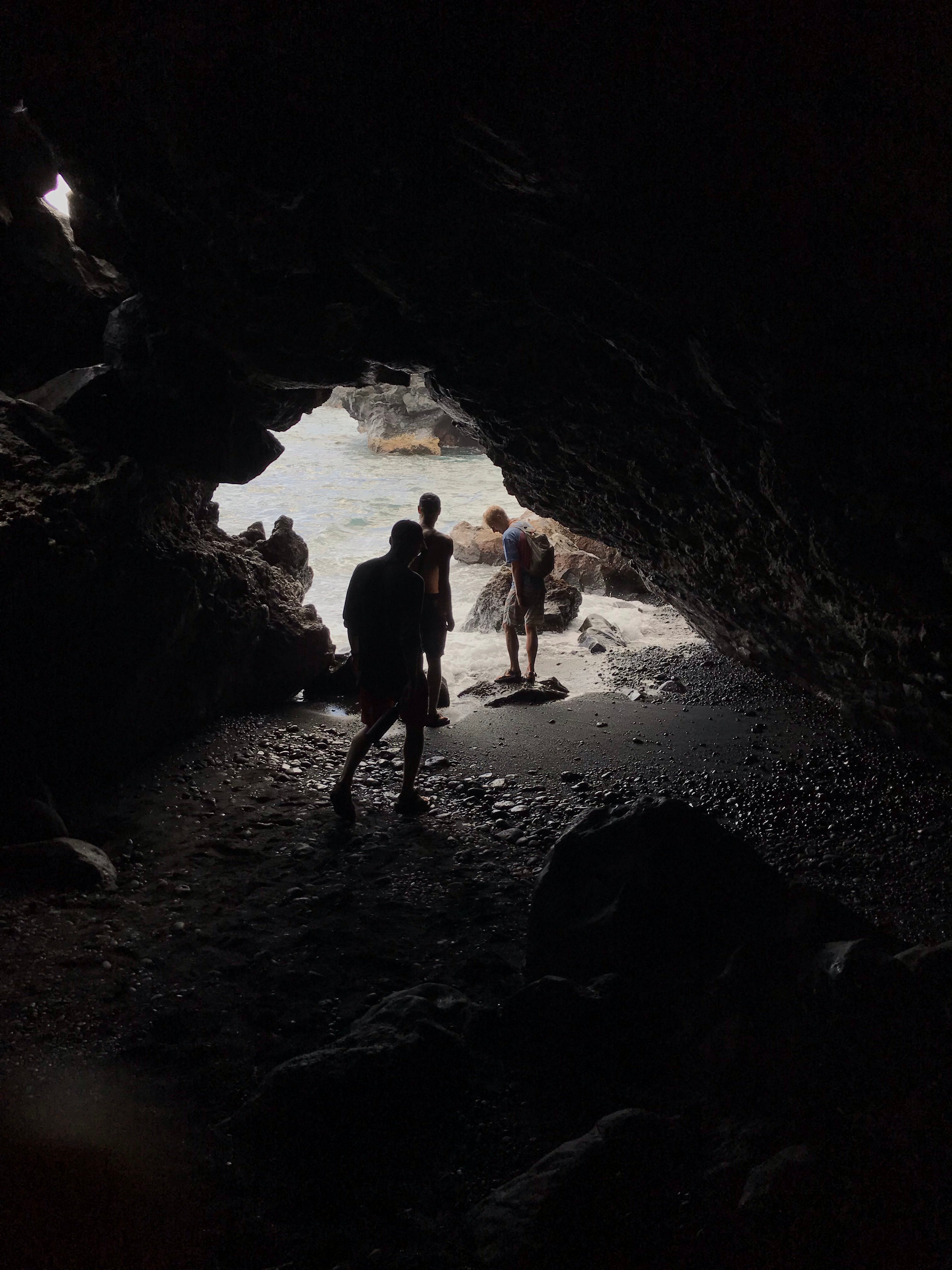 Cave that runs off of the black sand beach to the ocean