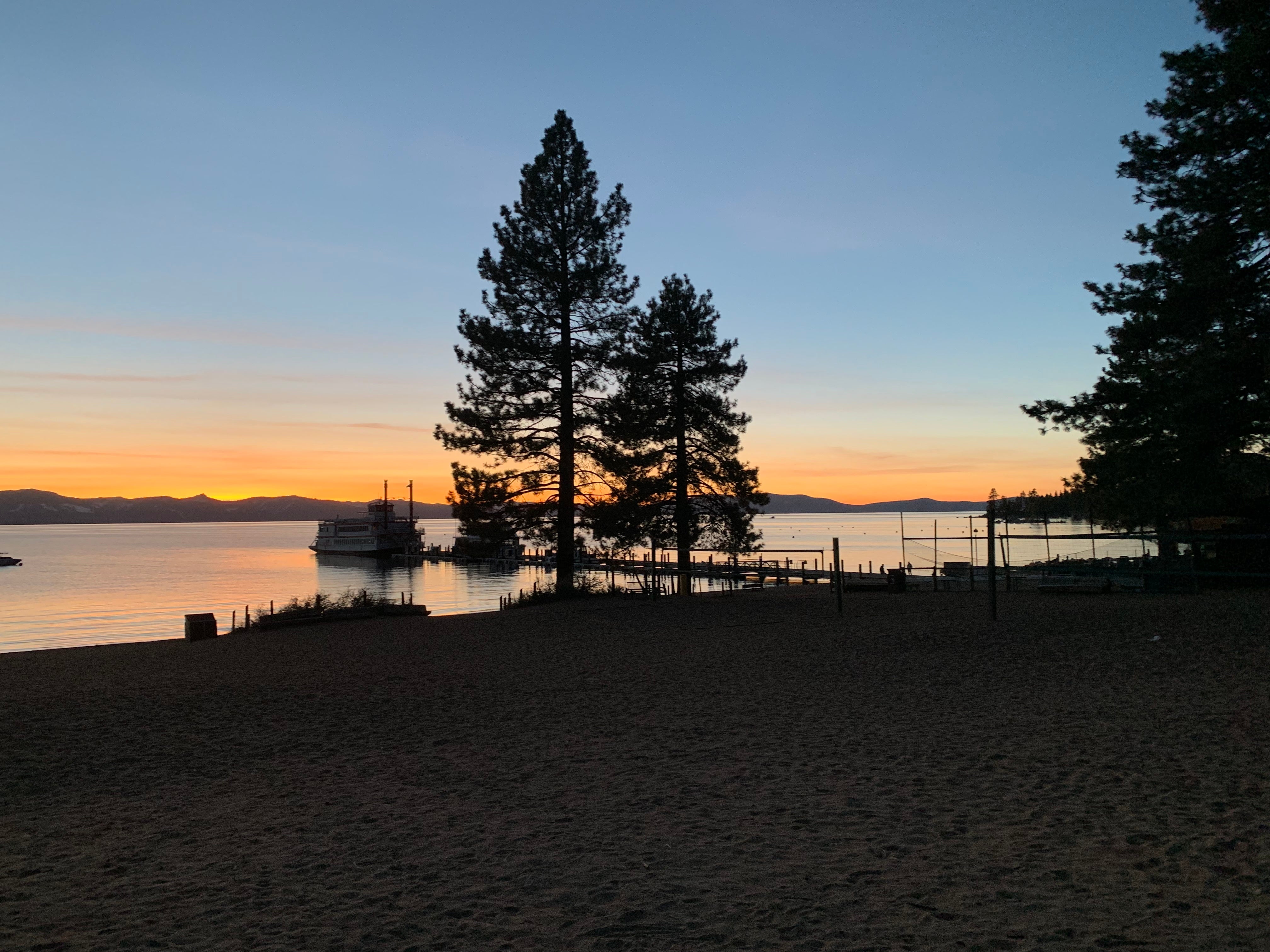 View from campground of sunset over Lake Tahoe
