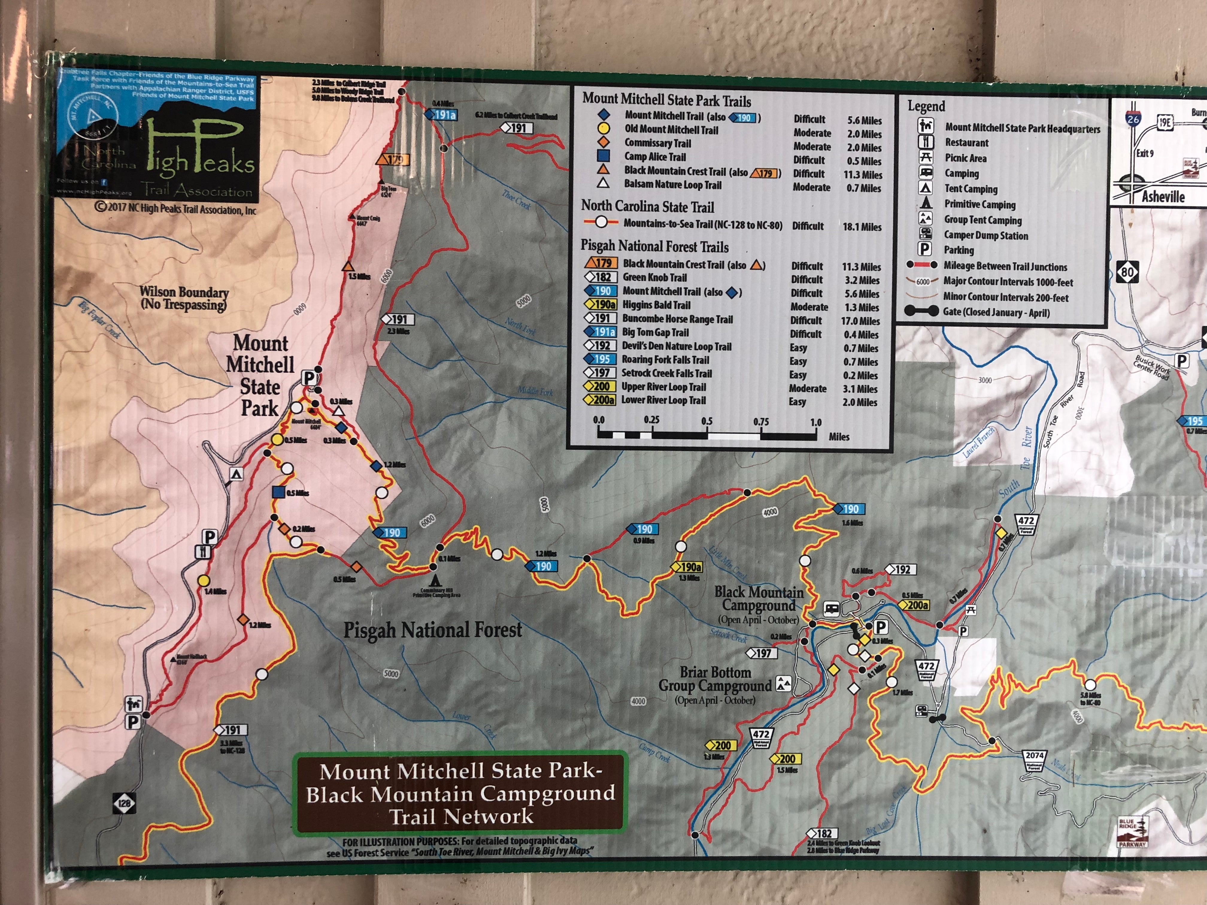 Trail map. You can see the Mt Mitchell trail departing the main campground.