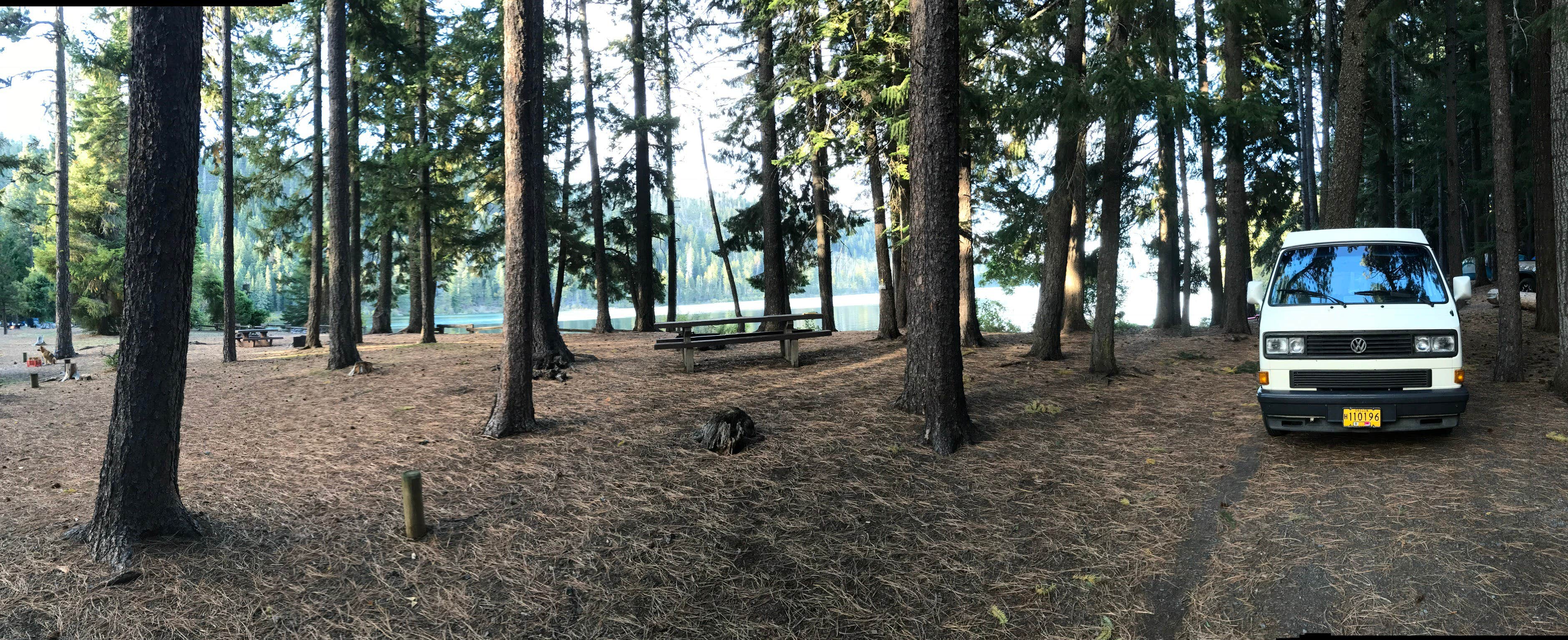 Panoramic view, looking east at the lake.