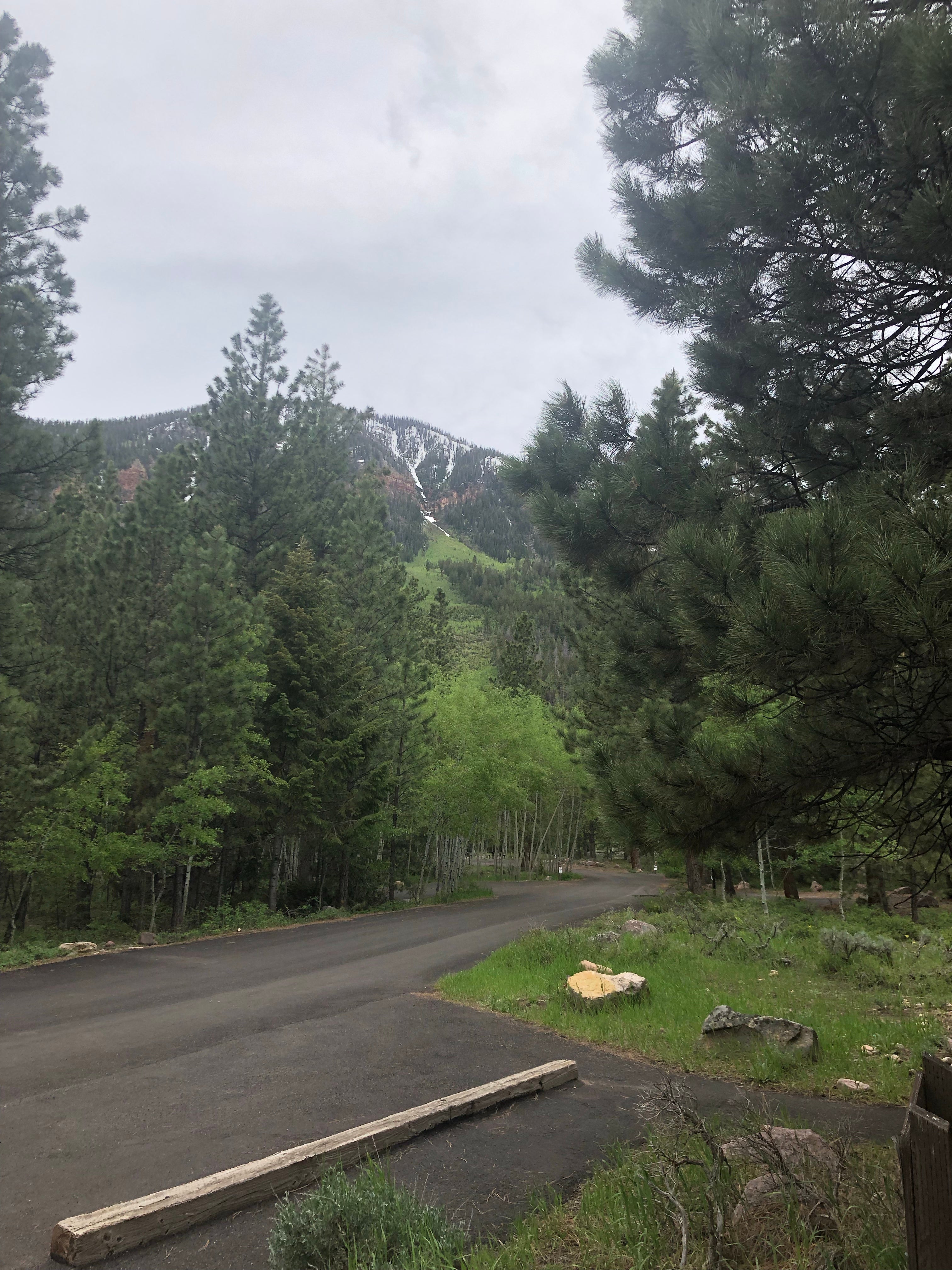 Photo of The campground road and beautiful mountain in the background.