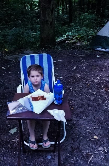 My grandson really did enjoy dinner, even though he's giving a sad face for the camera.  I asked him what he liked best about the camping trip.  He said, "Eating."