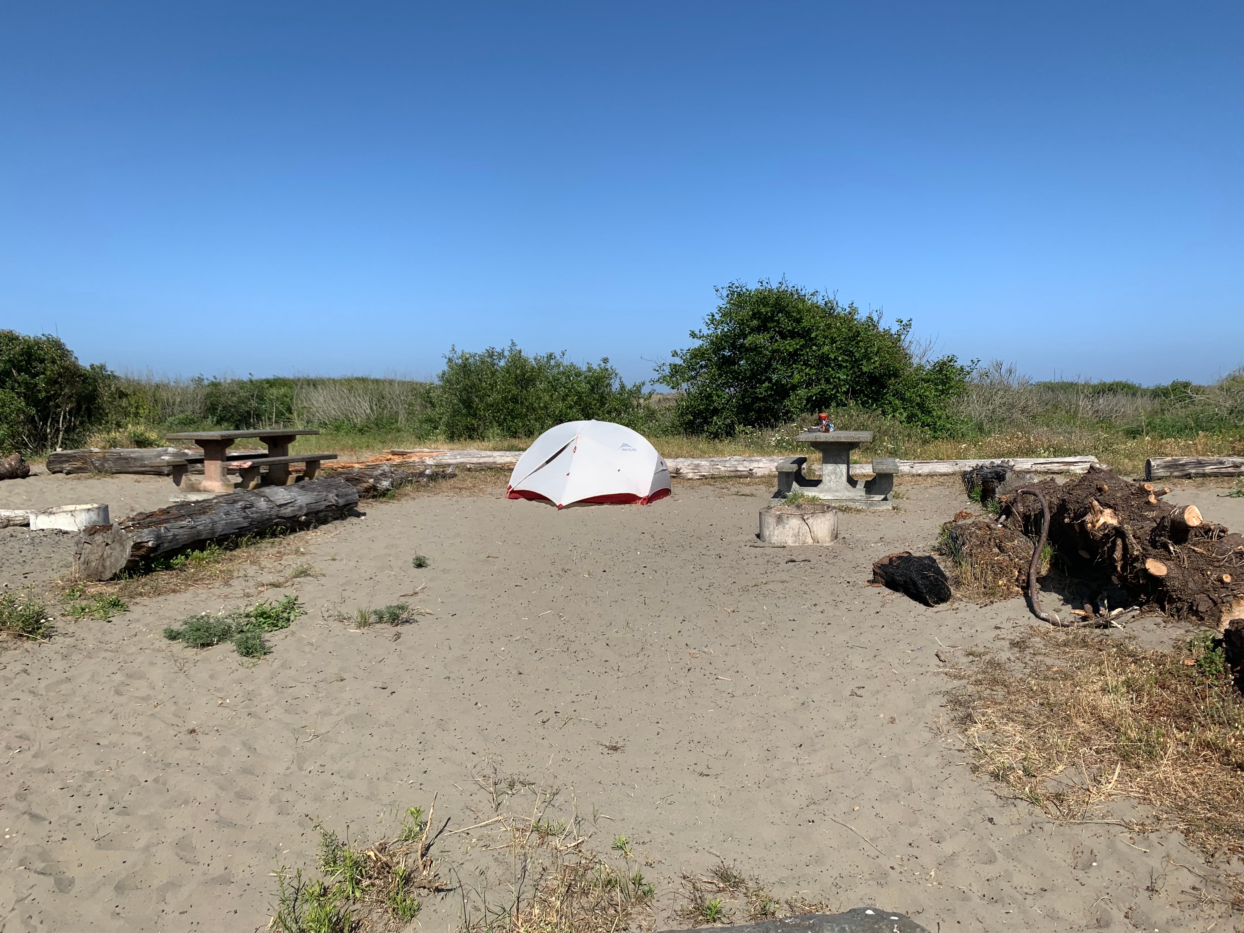 Nice size campsites, but no privacy. Pitch your tent directly on the sand. Fire pits and picnic tables.