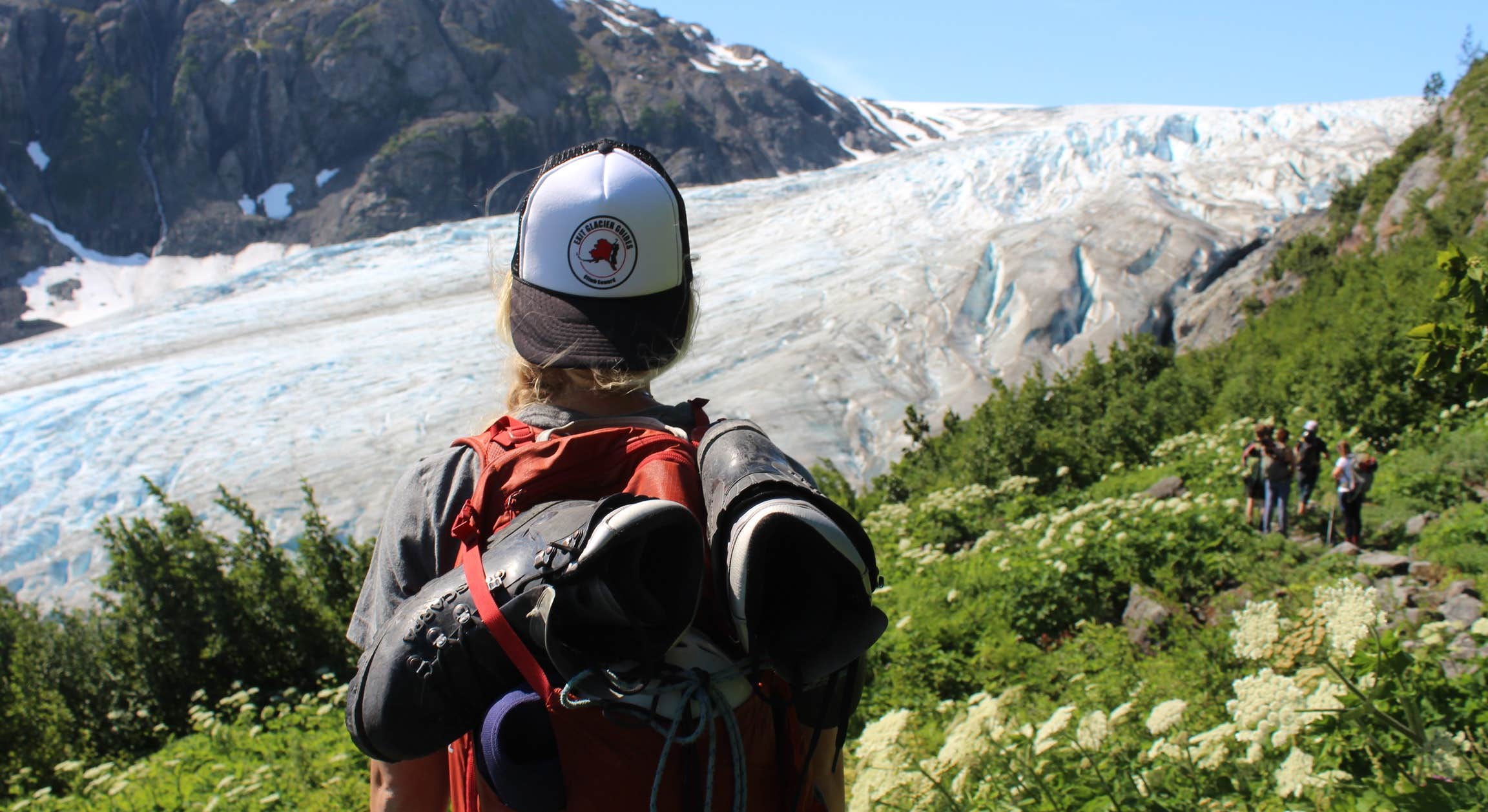 Hiking with Glacier Background Near Exit Glacier Campground in Kenai Fjords National Park