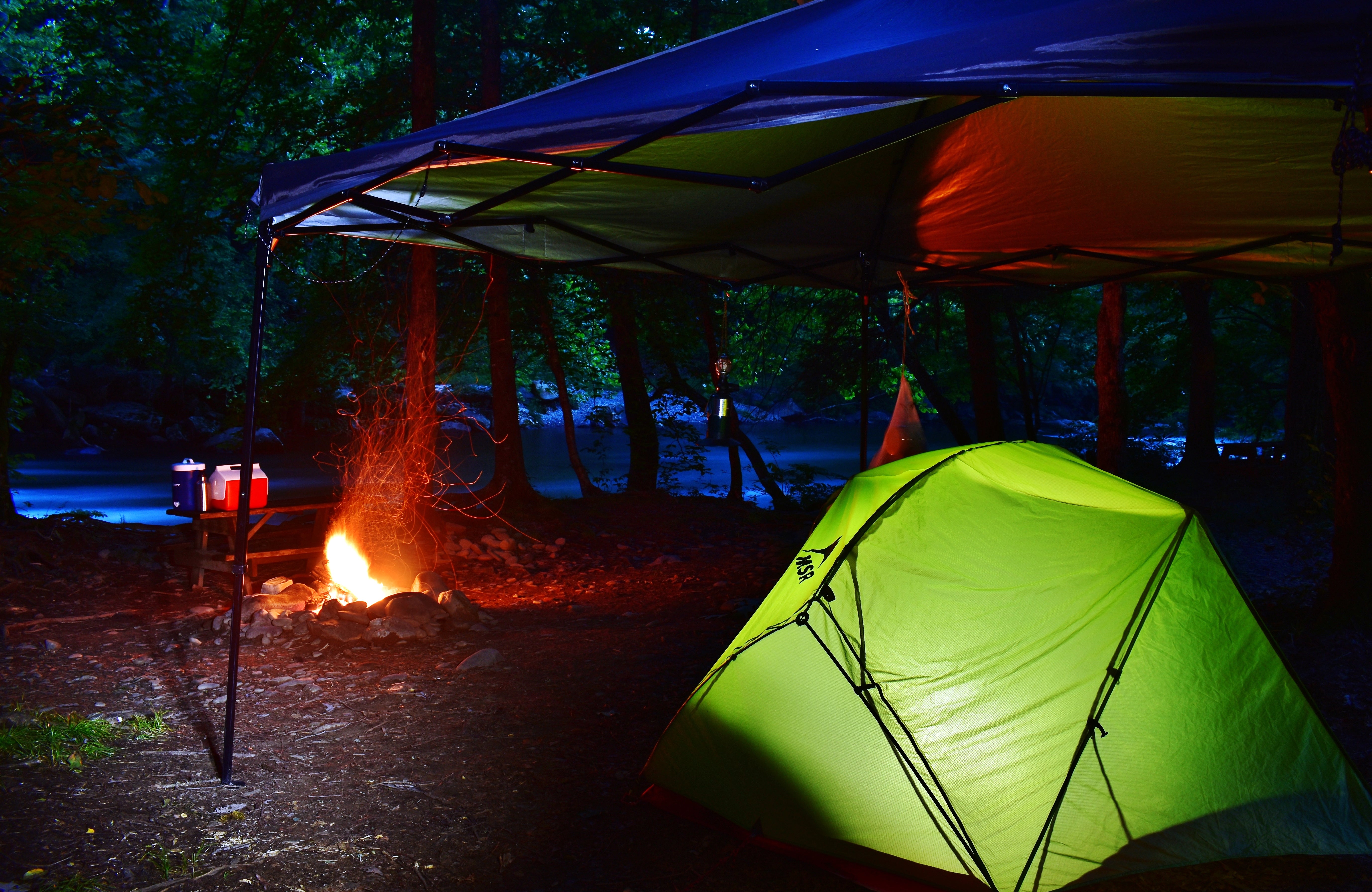 This is one of my favorite photos at this campground.  It shows my tent, the fire, and the river at night.