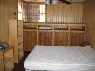 Horsethief Cabin bedroom with full bed, bookcases at the foot, two windows, ceiling fan and cabinets on back wall.



bedroom

Credit: US Forest Service