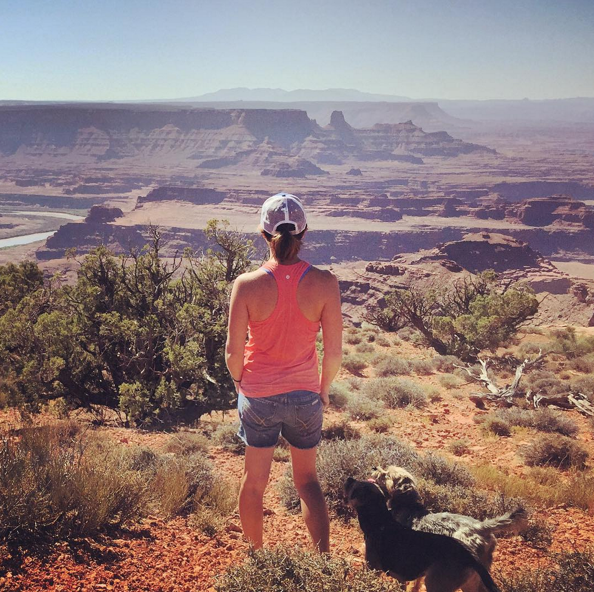 woman with dogs at dead horse point state park, utah