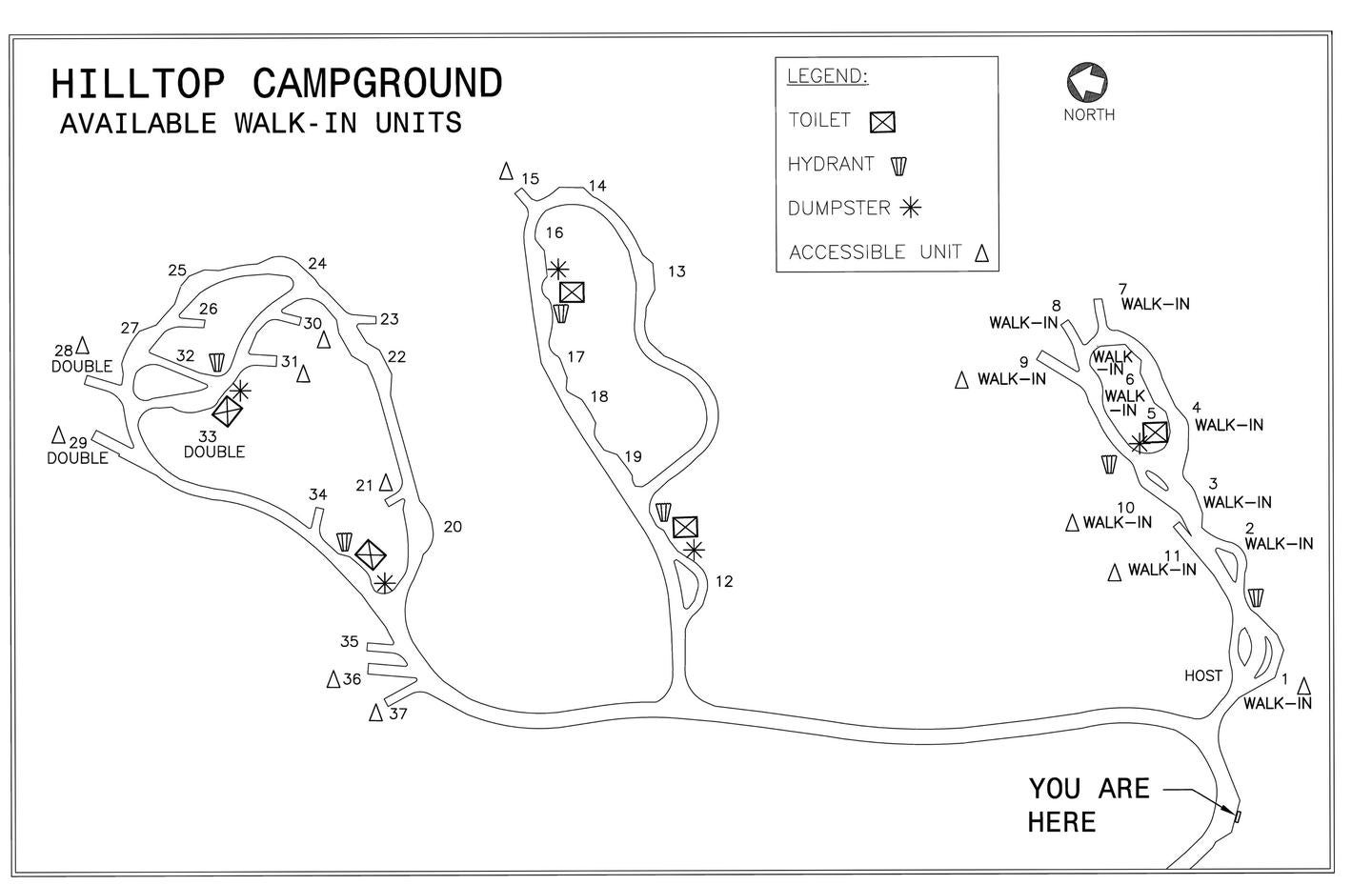 Hilltop Campground map showing accessible sites,walk-in units, dumpsters, toilets and hydrant locations.



Hilltop Campground Walk-in and accessible unit map

Credit:  US Forest Service