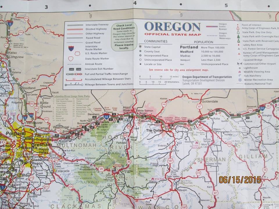 Oregon map day one journey from I84 on scenic byway
