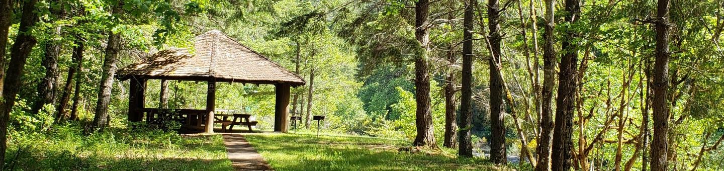 Group Picnic Shelter in sunlit glade of forested creek bank.



Canton Creek Picnic Shelter

Credit: USFS