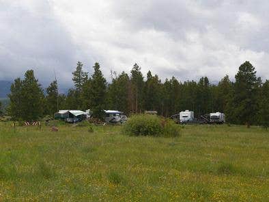 Trucks and trailers in a group campground with a grassy meadow and pines in the background.



Browne Lake Campground

Credit: U.S. Forest Service