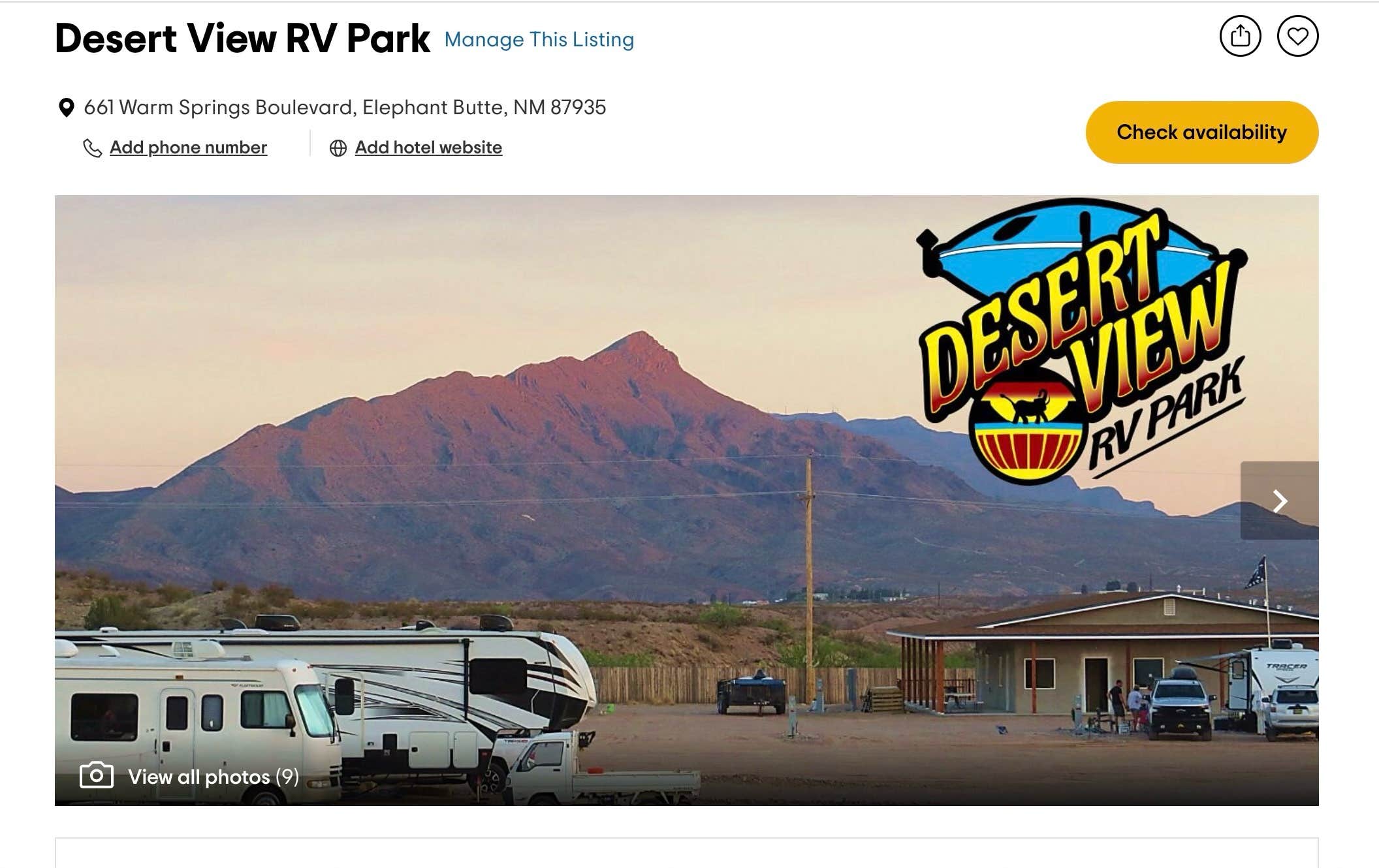 Camping near Hot Springs Glamp Camp: Desert View RV Park, Elephant Butte, New Mexico