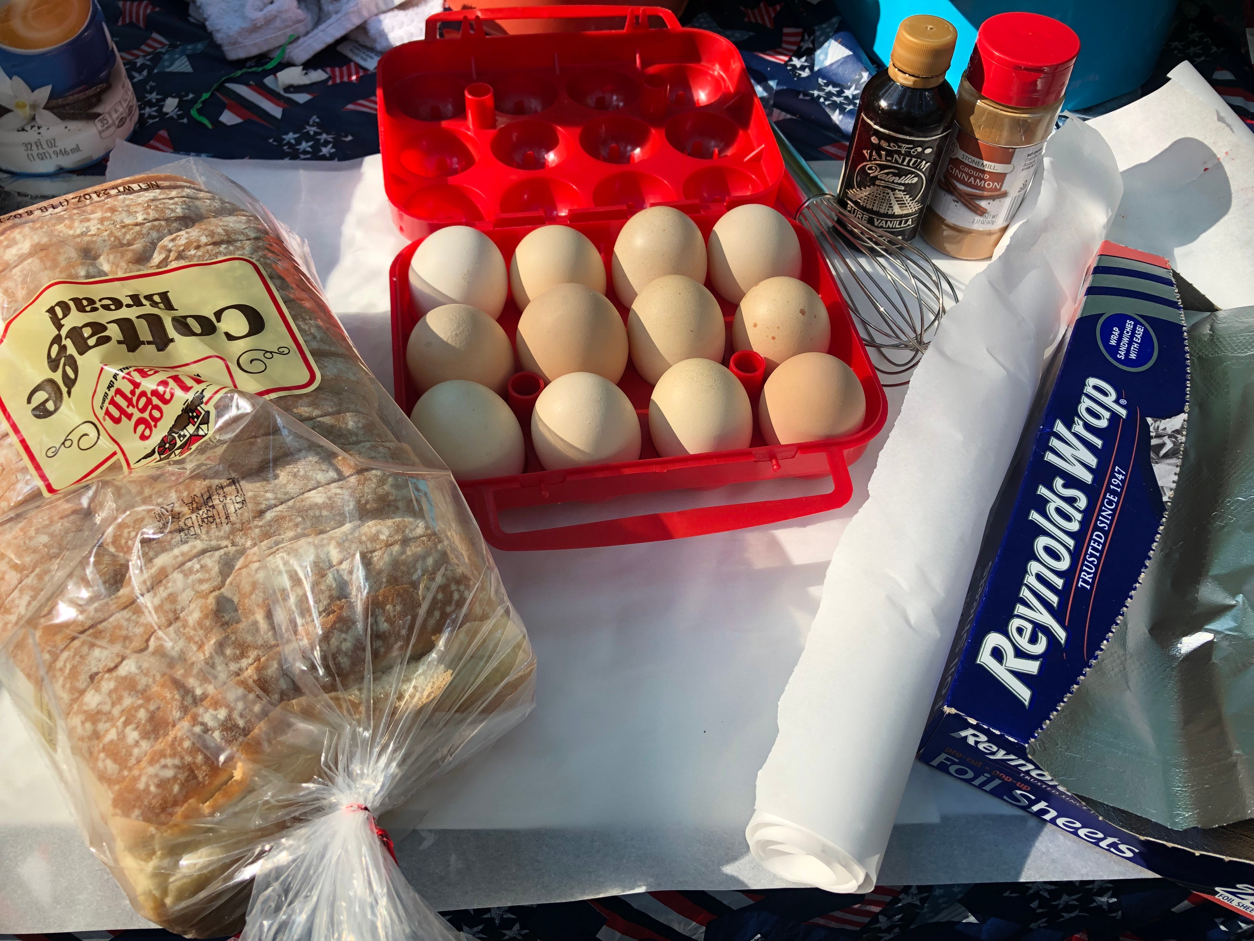 Getting all the ingredients together to make a campfire French toast