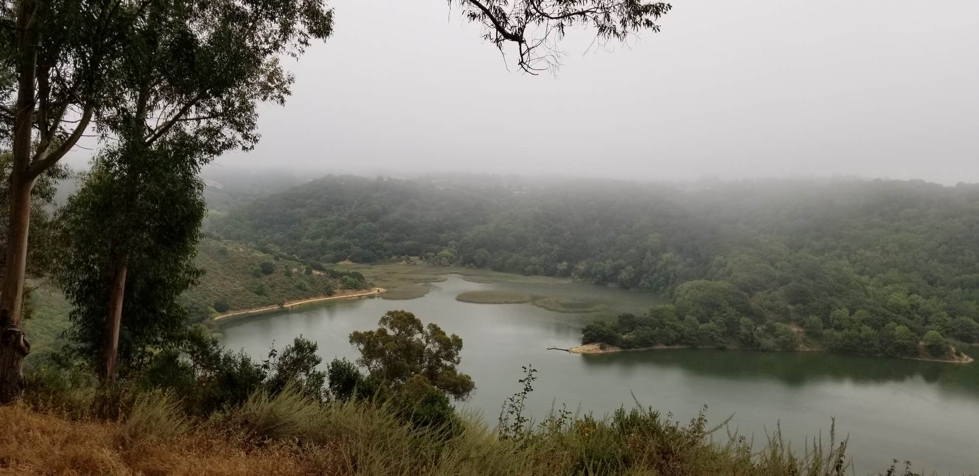 Misty morning fog hanging over Lake Chabot