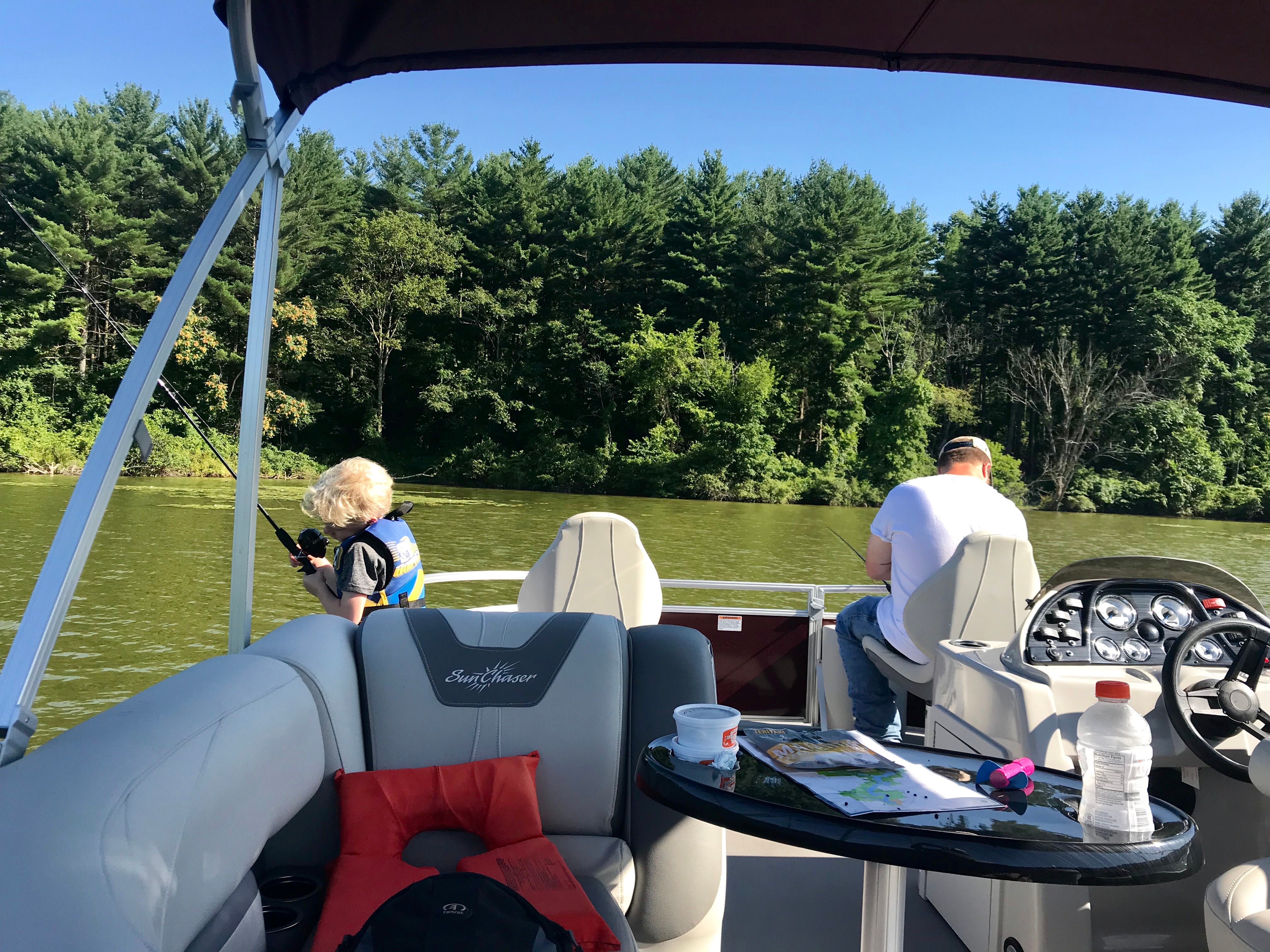 Pontoon boats are really nice and comfy. They provide lifevests. Do not need a boat license to rent as the top speed is 10mph.