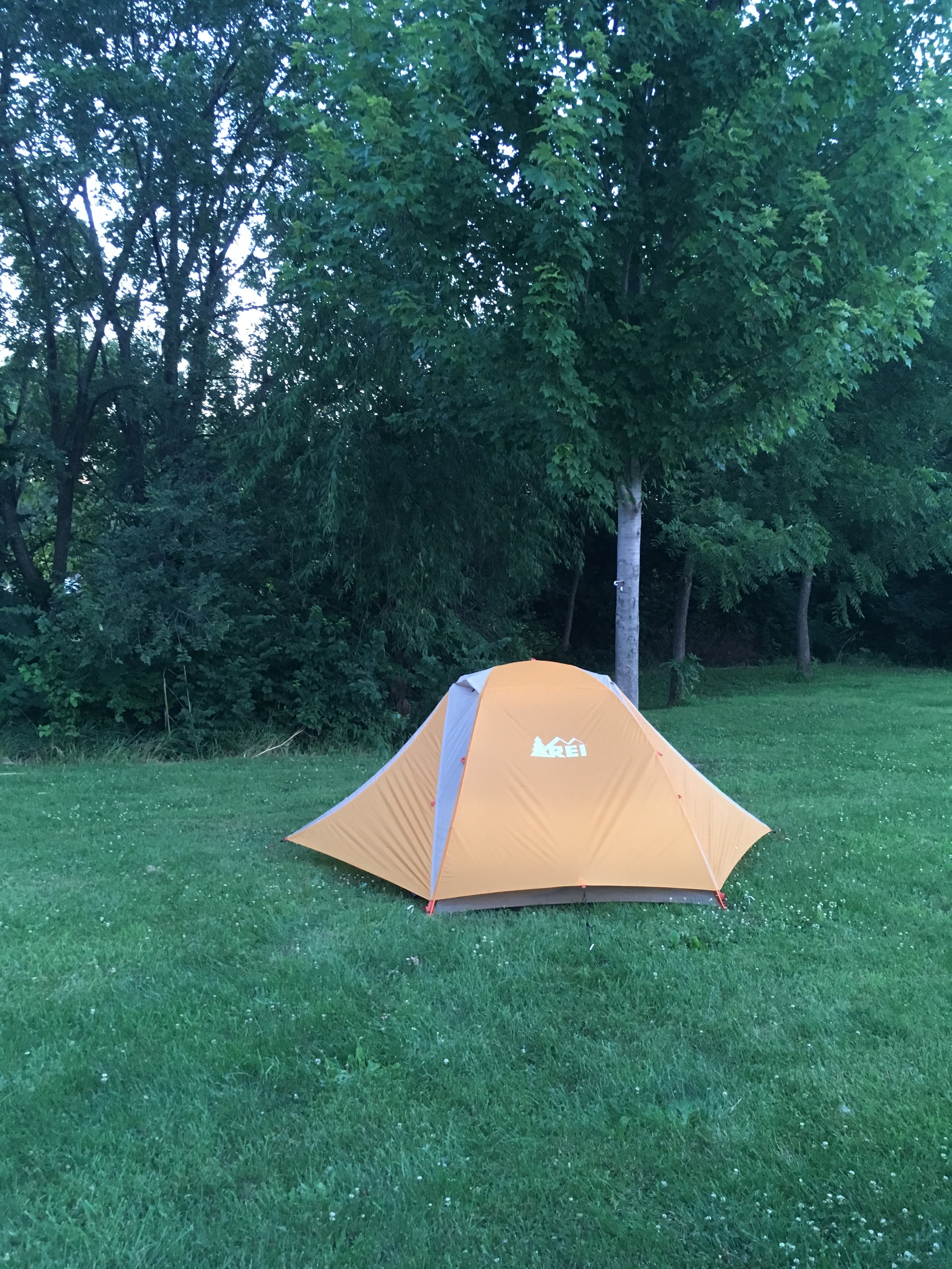 Tent camping in the grass instead of taking a site with hookups