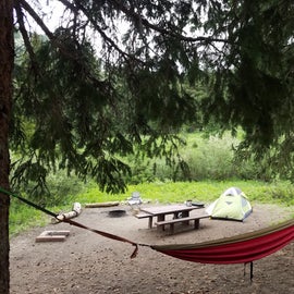 View of our campsite and hammock as you're walking back from the bathroom and spigot