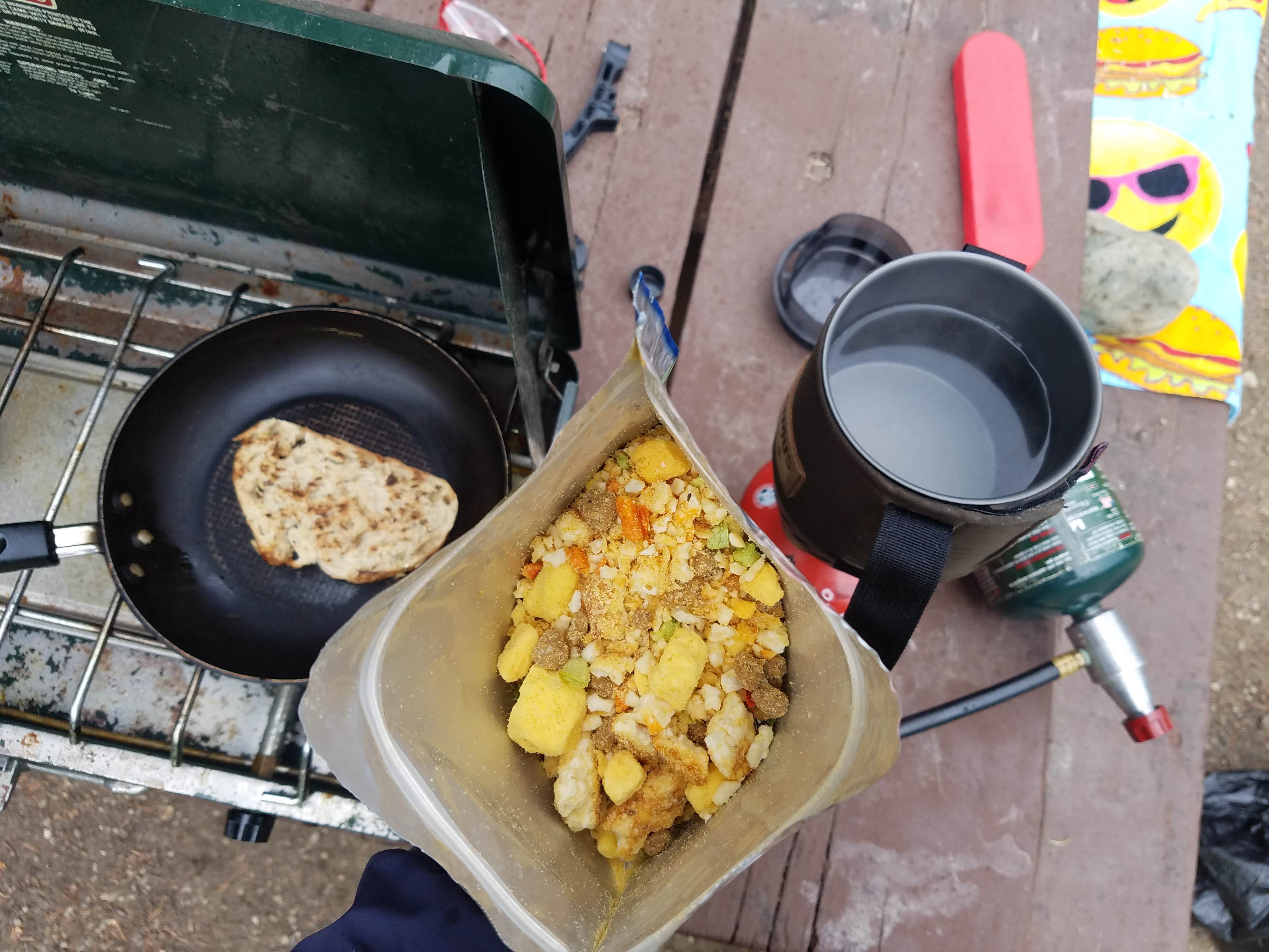 Some toast and some Mountain House before adding water