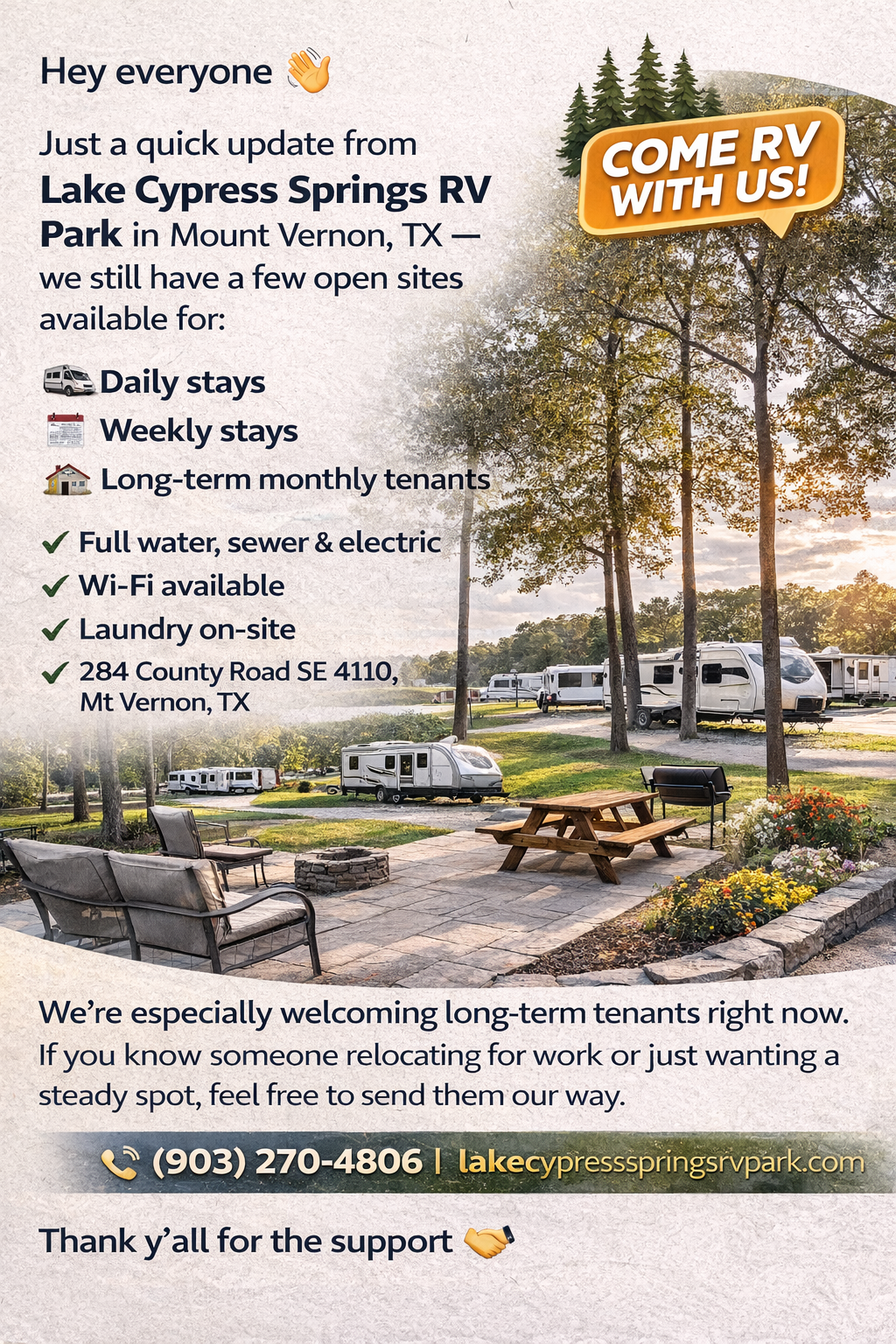 Camper-submitted photo at Lake Cypress Springs RV PARK near Mount Vernon, TX