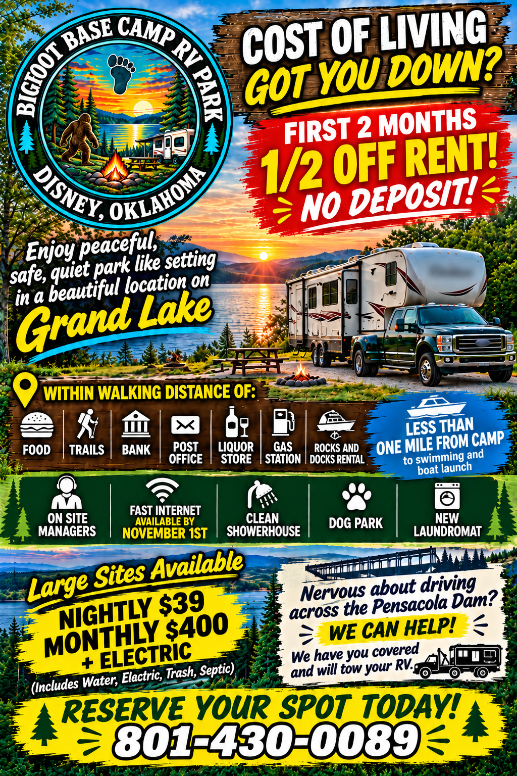 Camping near Grand Lake RV Resort: Bigfoot Base Camp RV Park, Disney, Oklahoma