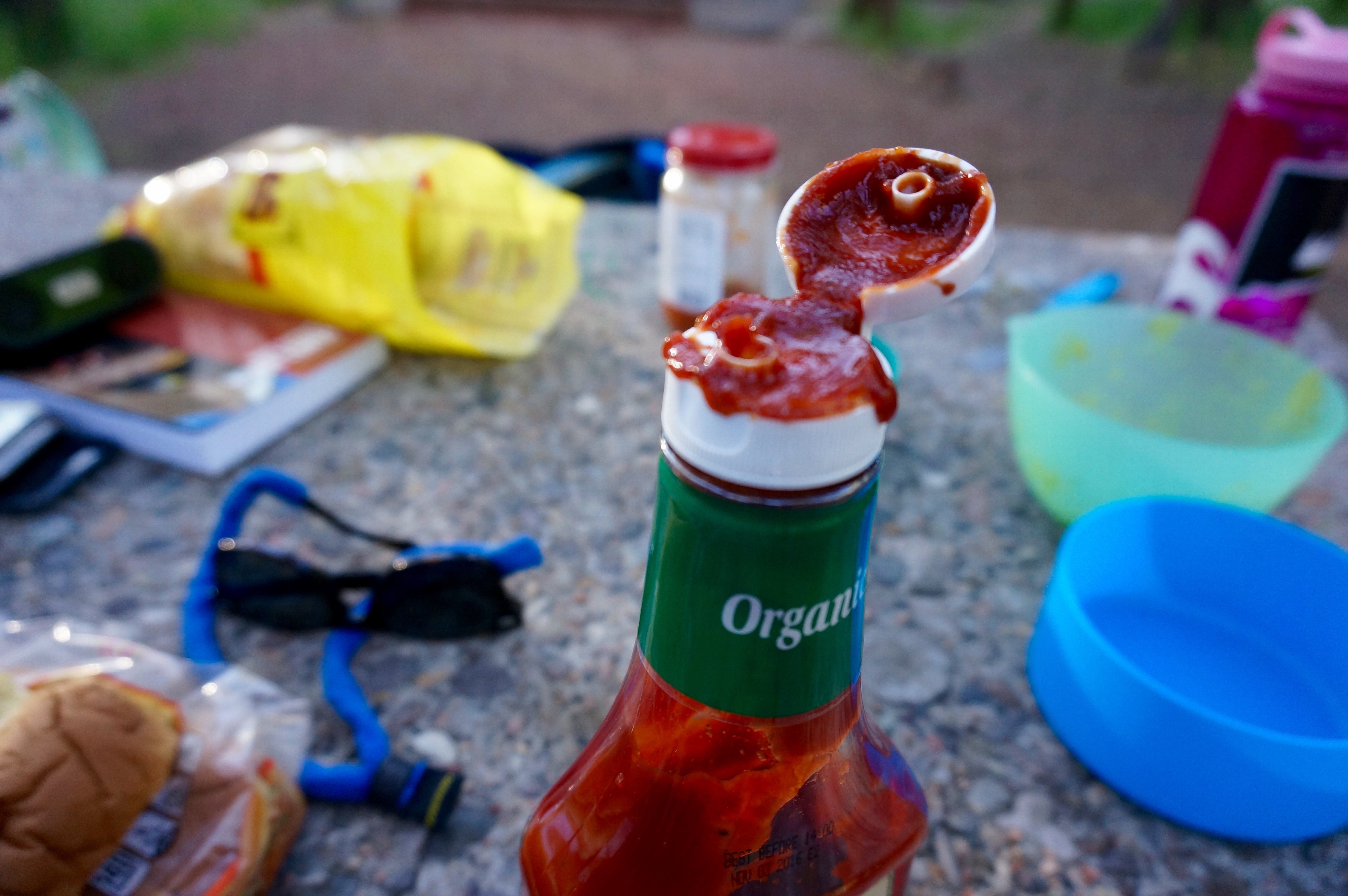 Don't make the mistake of forgetting that you're probably a couple thousand feet higher than where you packed, preventing an accidental ketchup explosion.