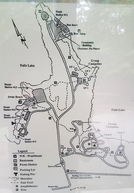 The campground is just a small part of Falls Lake State Recreation Area.