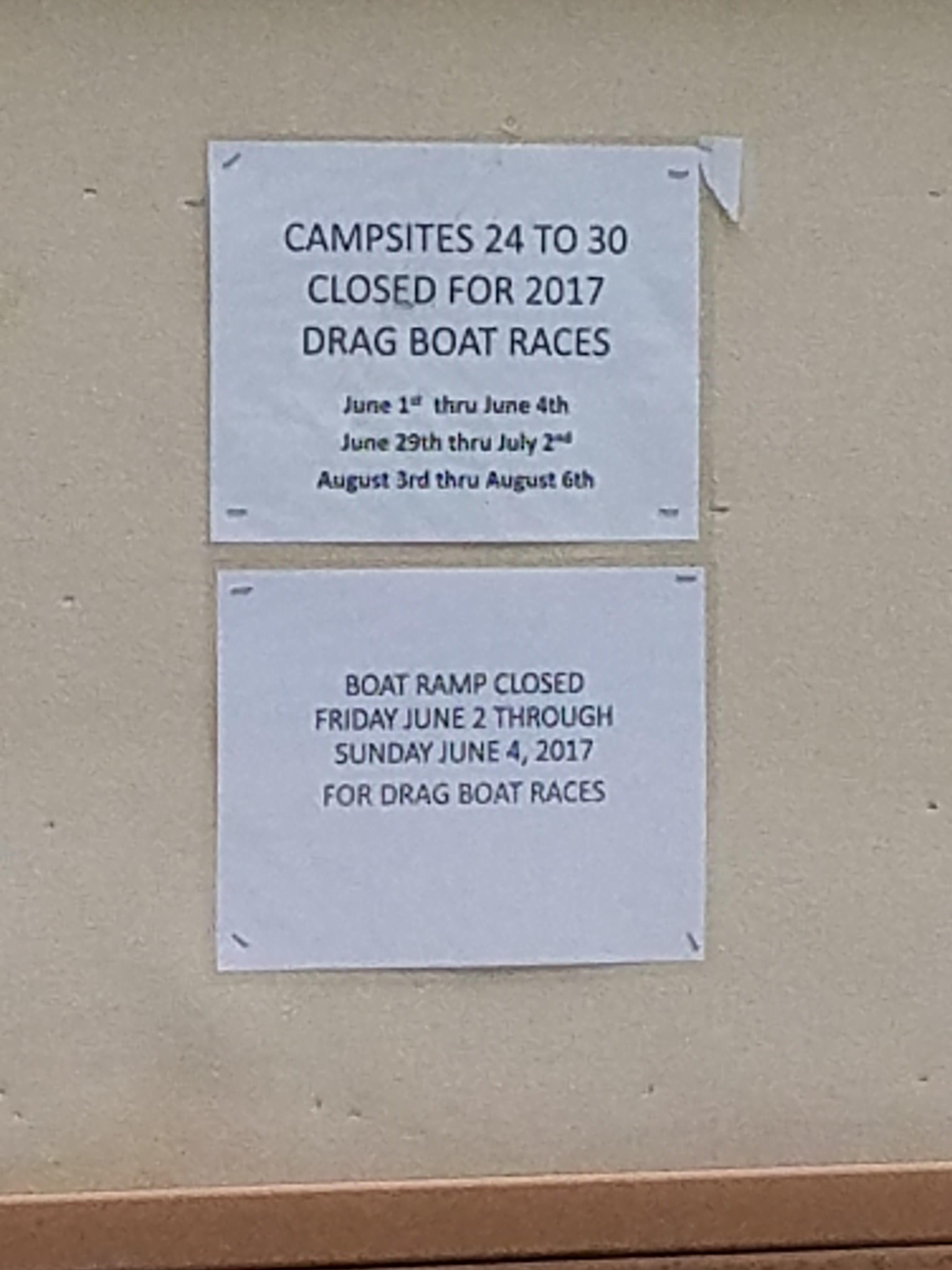 So basically the boat ramp and the entire "new side" of the campground is closed during boat races, unless you make a reservation with Kentucky Drag Boat Racing Association.  I don't boat race, so I have no information on that, but I know you cannot get into Birmingham Ferry during racing events.... you may try Smith    Bay campground-it's just down the Trace and south on the shore line.